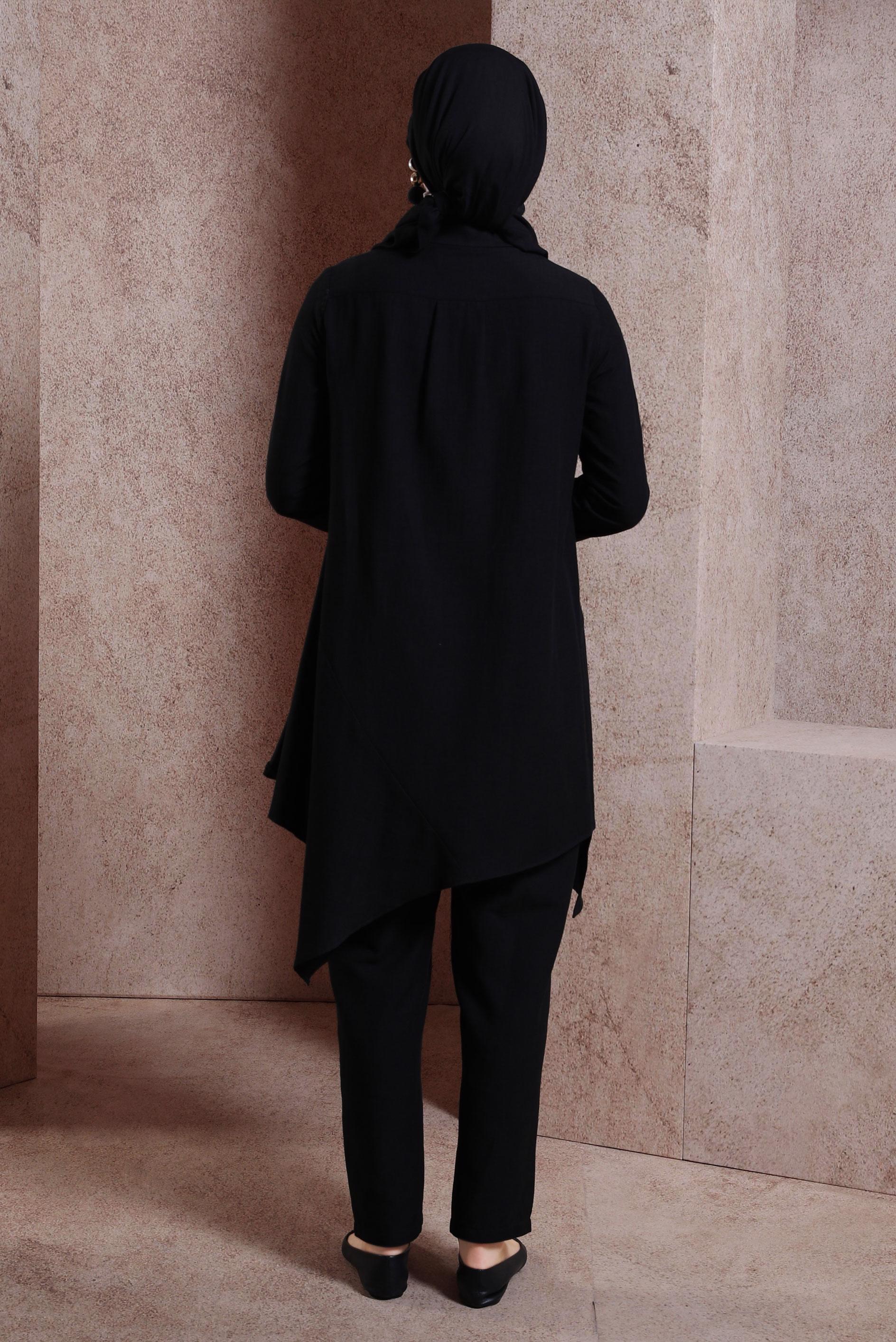 Tesettür giyim SİYAH ASİMETRİK KESİM PANTOLONLU TAKIM 44411