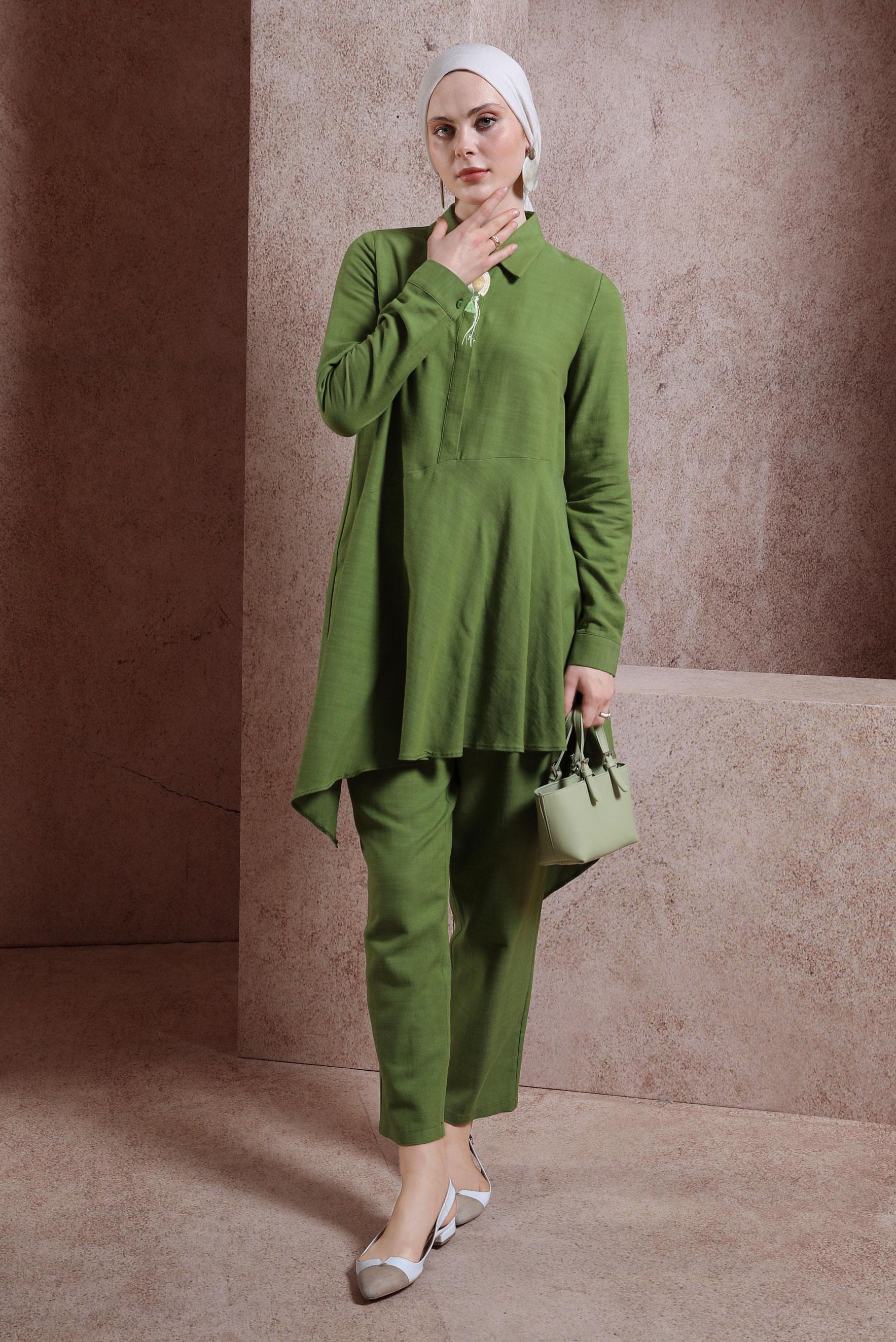 Tesettür giyim YEŞİL ASİMETRİK KESİM PANTOLONLU TAKIM 44411