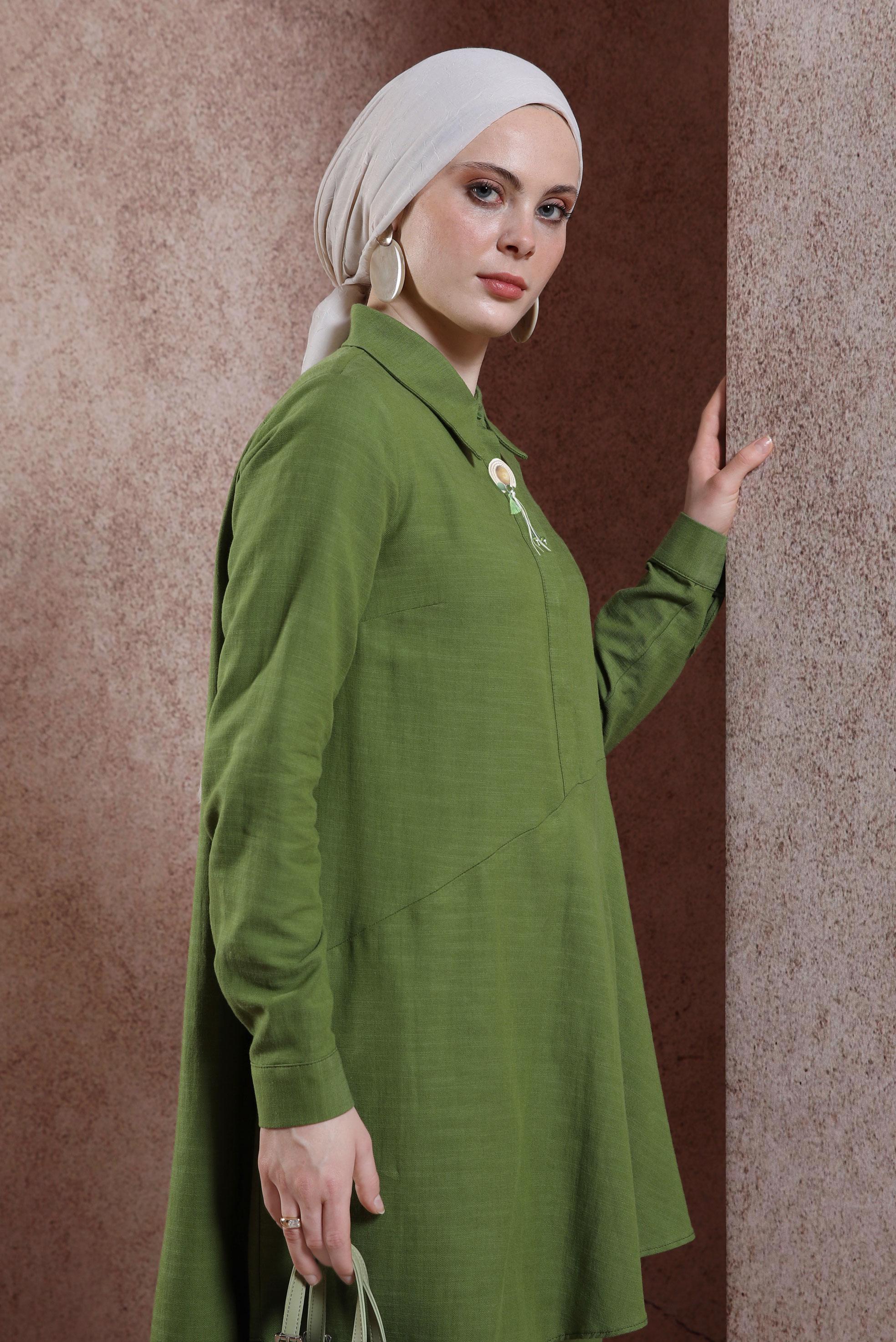 Tesettür giyim YEŞİL ASİMETRİK KESİM PANTOLONLU TAKIM 44411