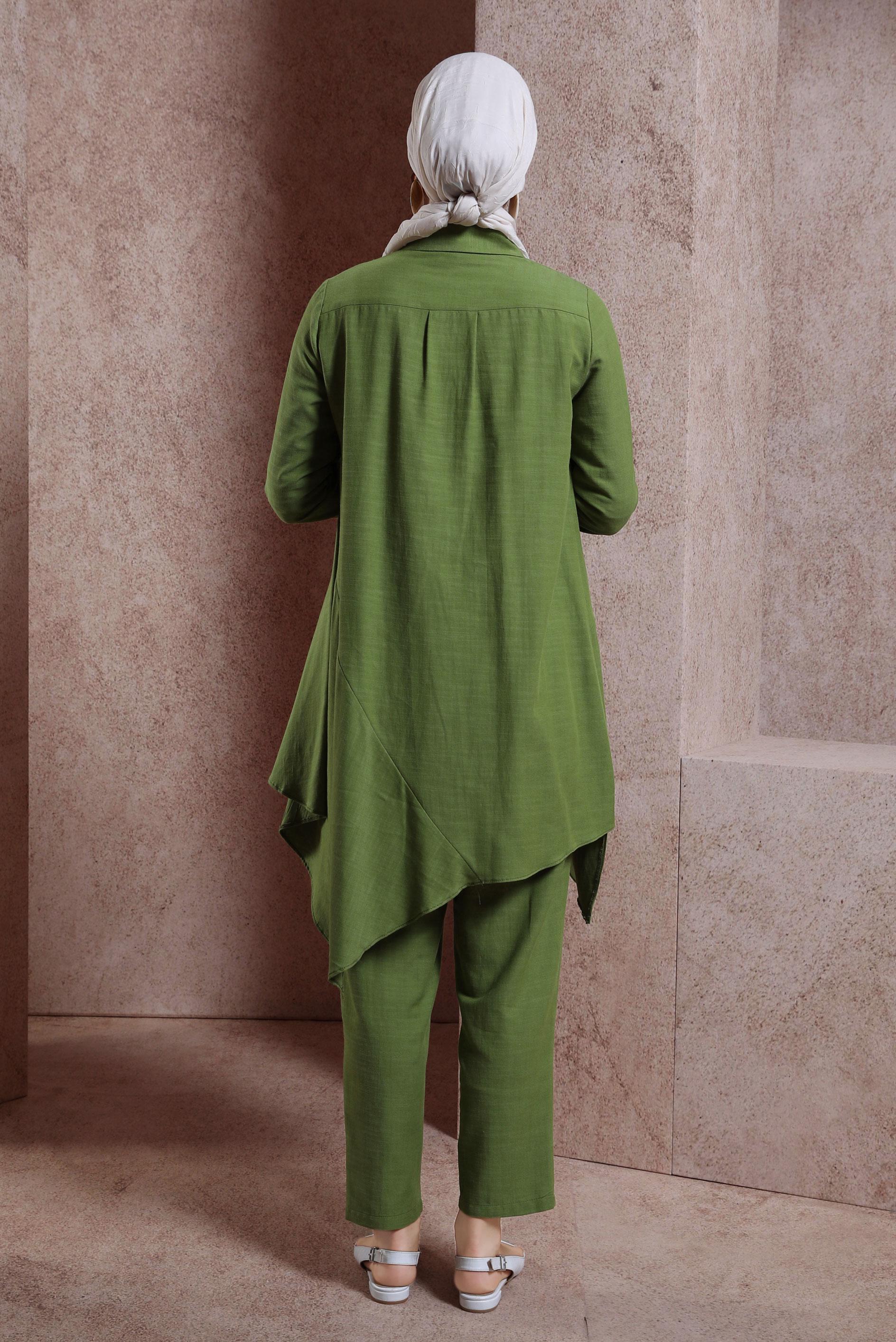Tesettür giyim YEŞİL ASİMETRİK KESİM PANTOLONLU TAKIM 44411