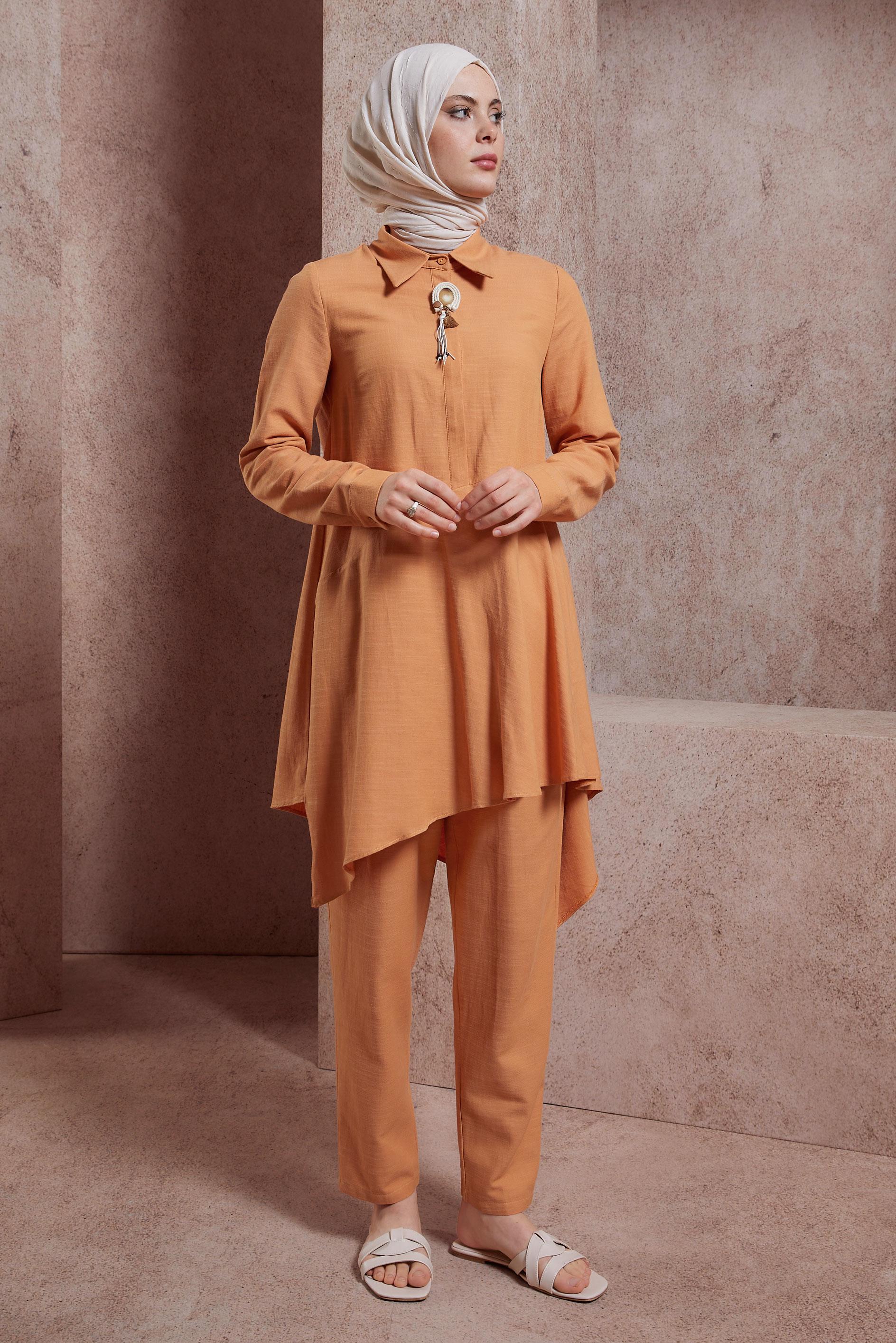 Tesettür giyim TURUNCU ASİMETRİK KESİM PANTOLONLU TAKIM 44411