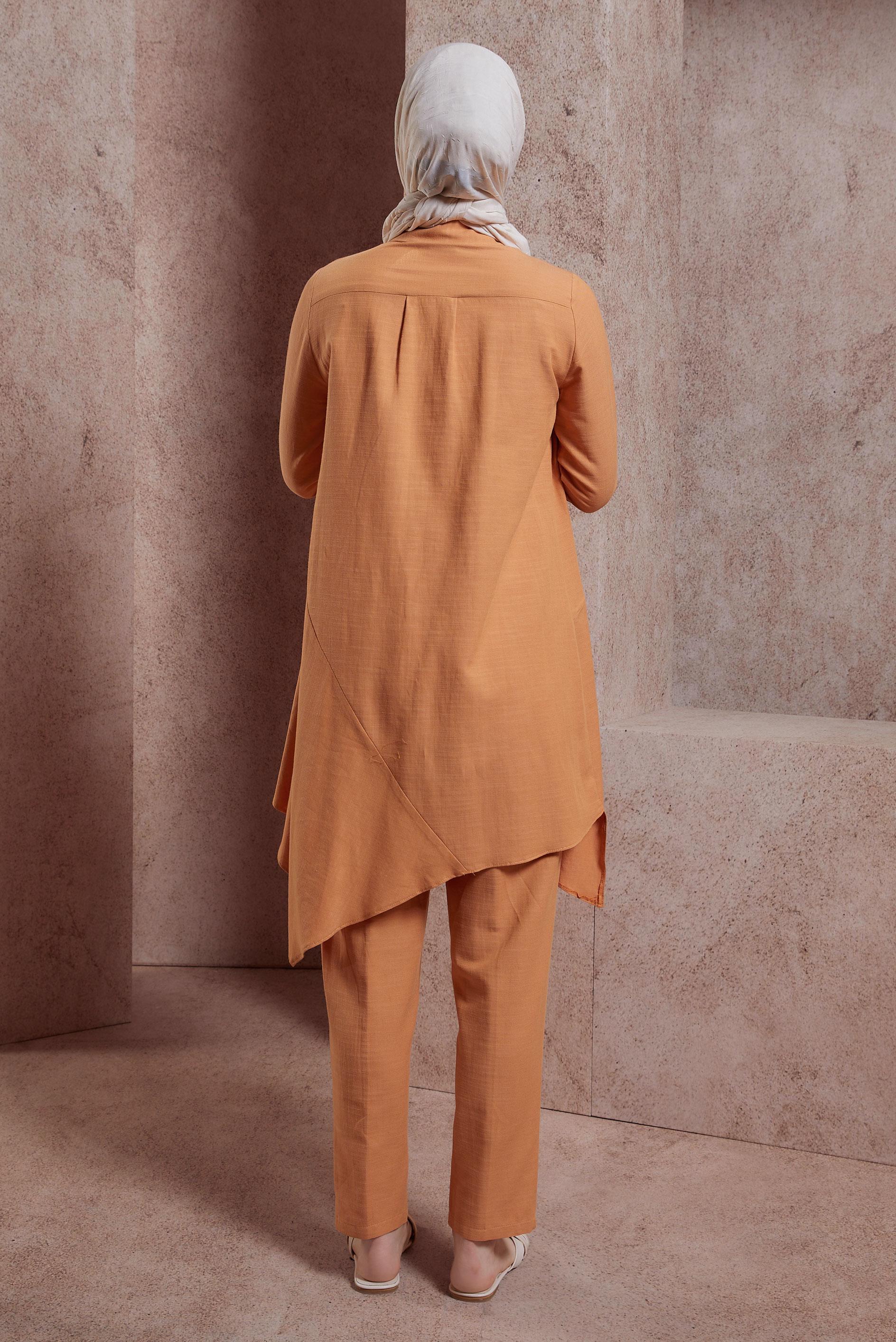 Tesettür giyim TURUNCU ASİMETRİK KESİM PANTOLONLU TAKIM 44411