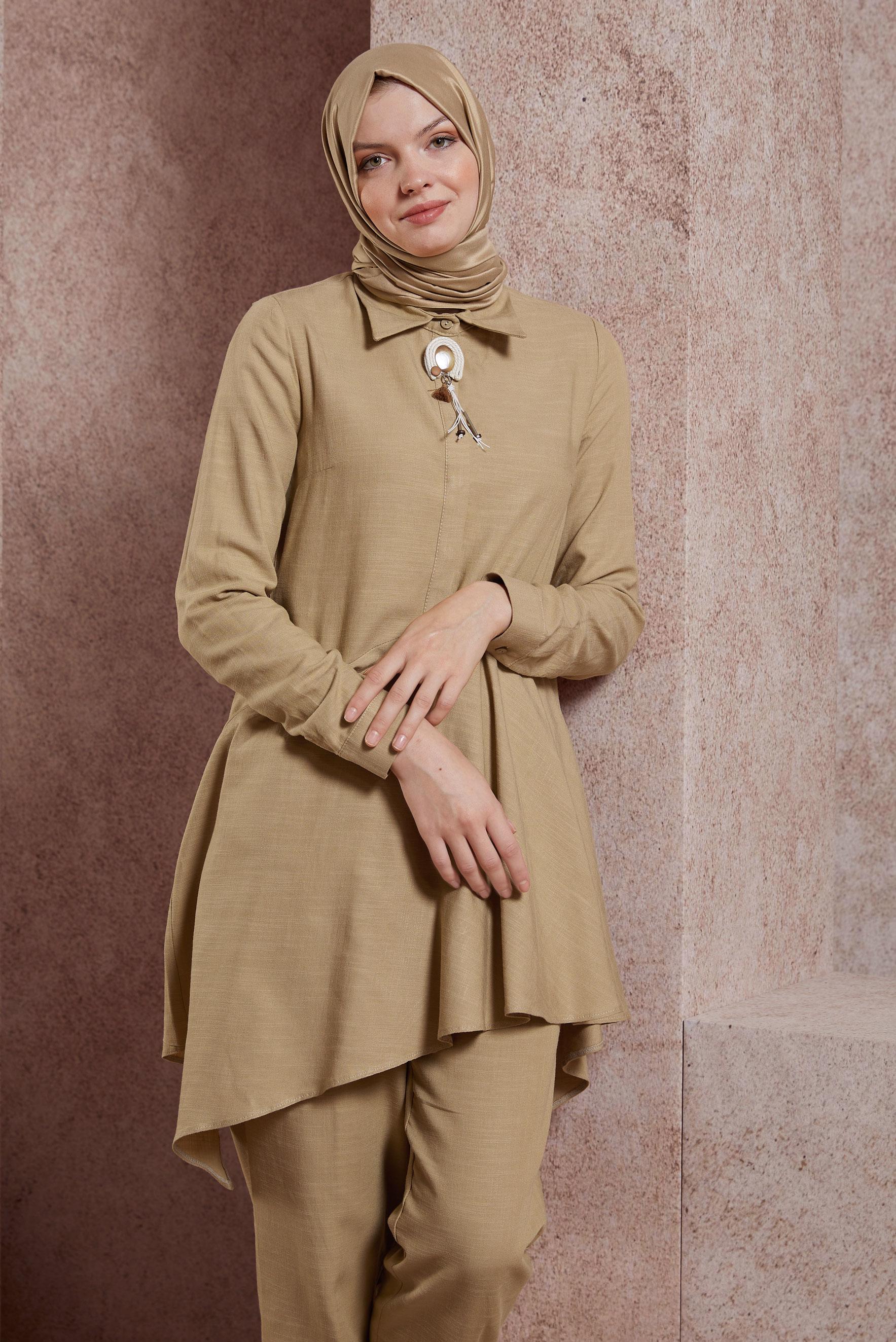 Tesettür giyim KAHVE ASİMETRİK KESİM PANTOLONLU TAKIM 44411
