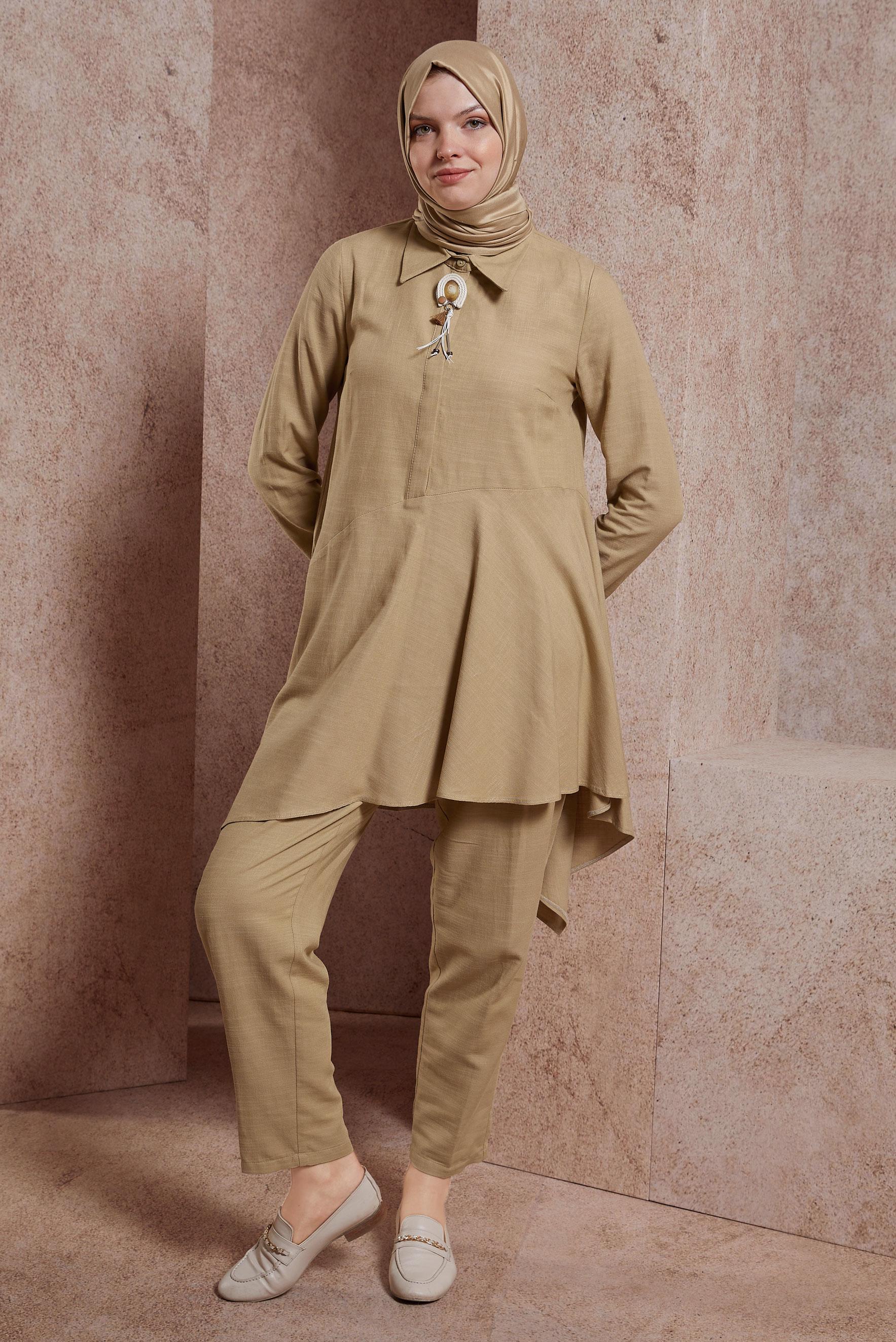 Tesettür giyim KAHVE ASİMETRİK KESİM PANTOLONLU TAKIM 44411