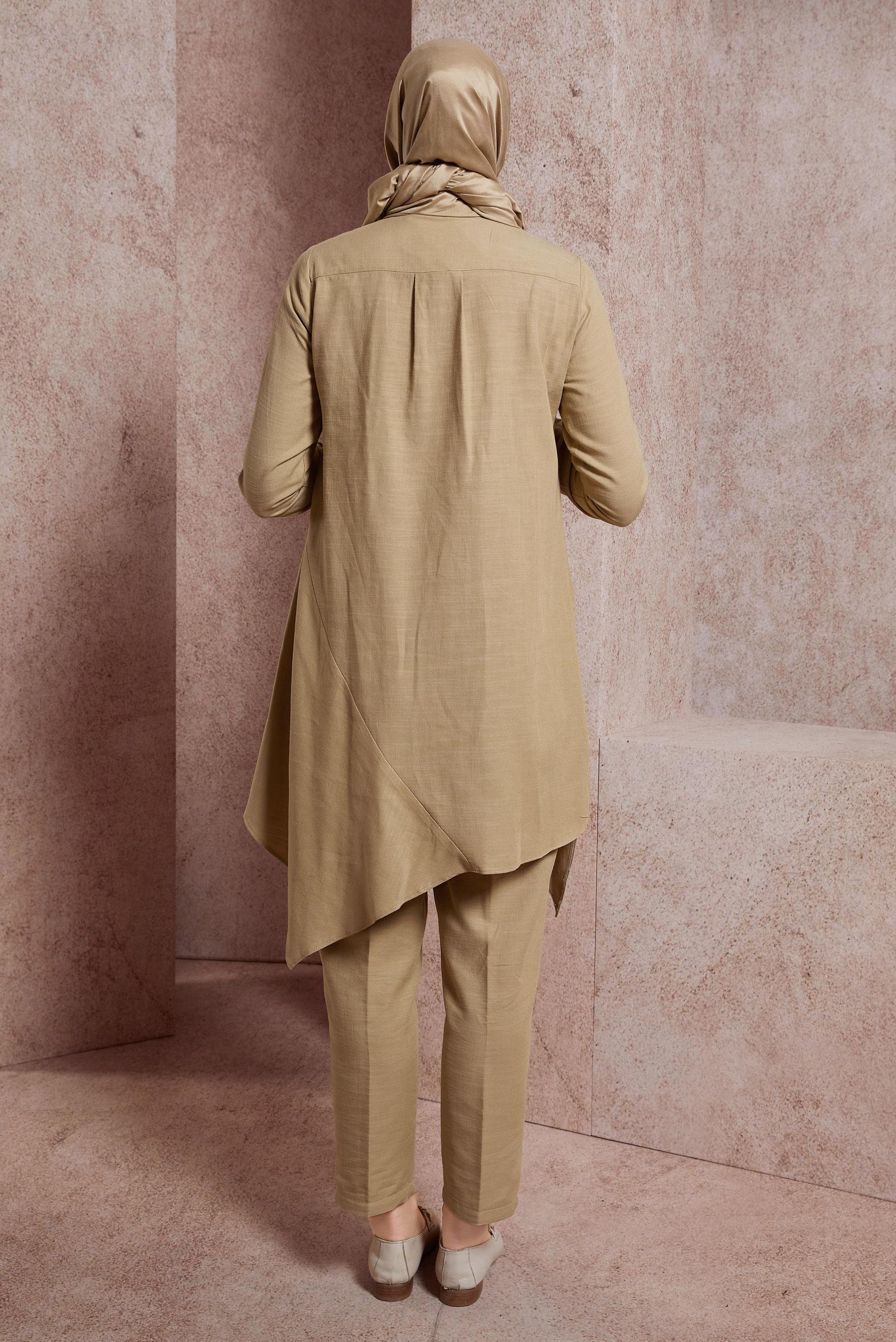 Tesettür giyim KAHVE ASİMETRİK KESİM PANTOLONLU TAKIM 44411
