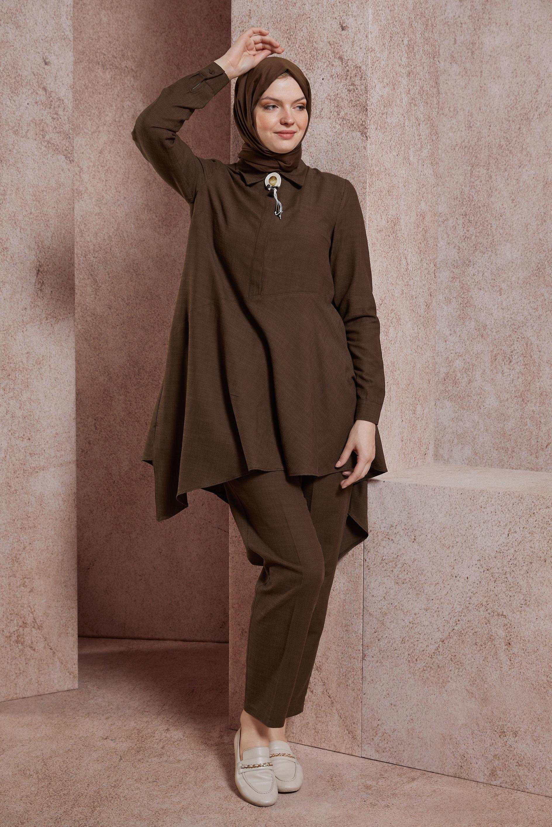 Tesettür giyim KAHVE ASİMETRİK KESİM PANTOLONLU TAKIM 44411
