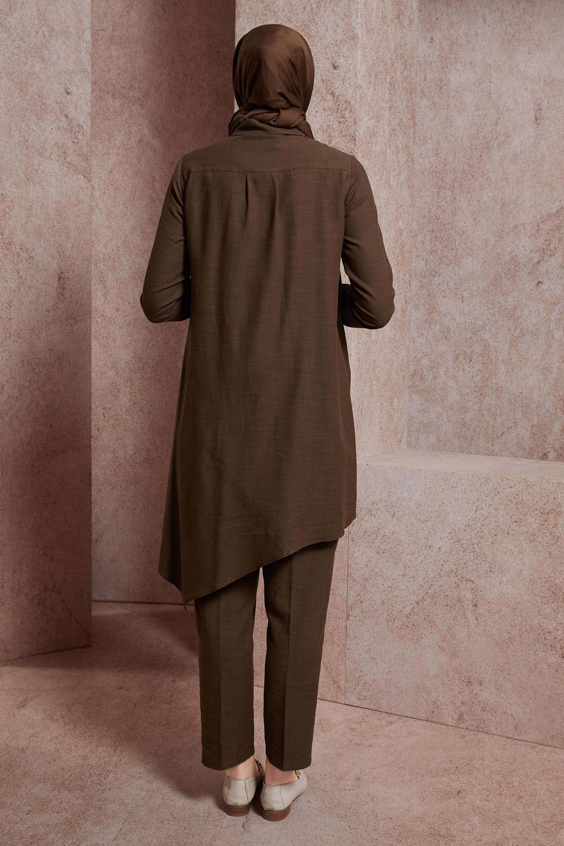 Tesettür giyim KAHVE ASİMETRİK KESİM PANTOLONLU TAKIM 44411