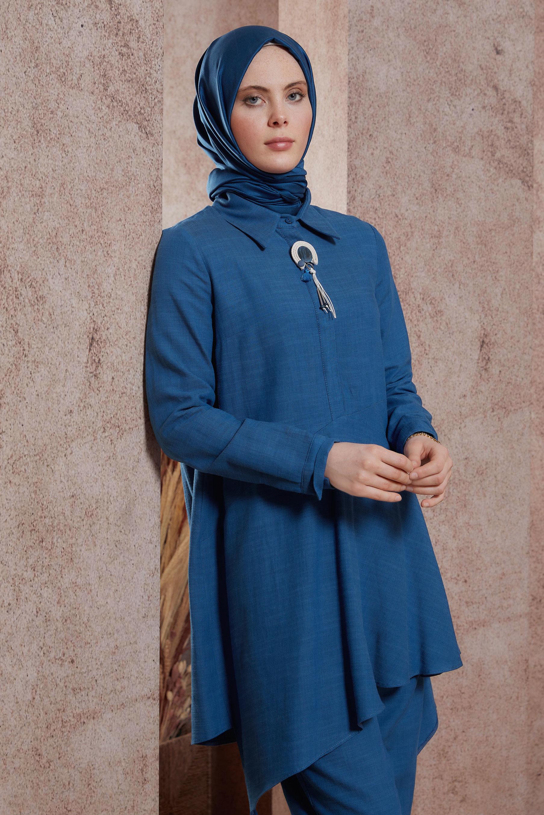 Tesettür giyim LACİVERT ASİMETRİK KESİM PANTOLONLU TAKIM 44411