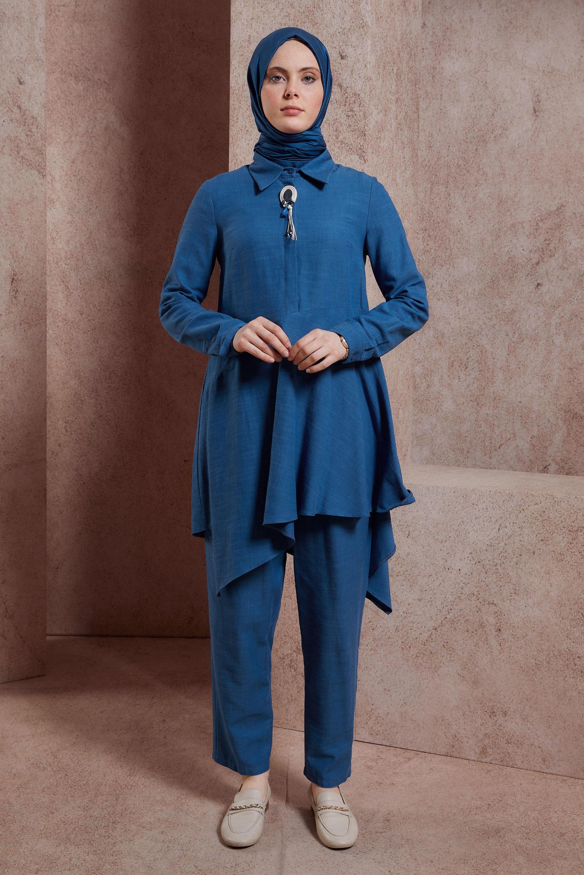 Tesettür giyim LACİVERT ASİMETRİK KESİM PANTOLONLU TAKIM 44411