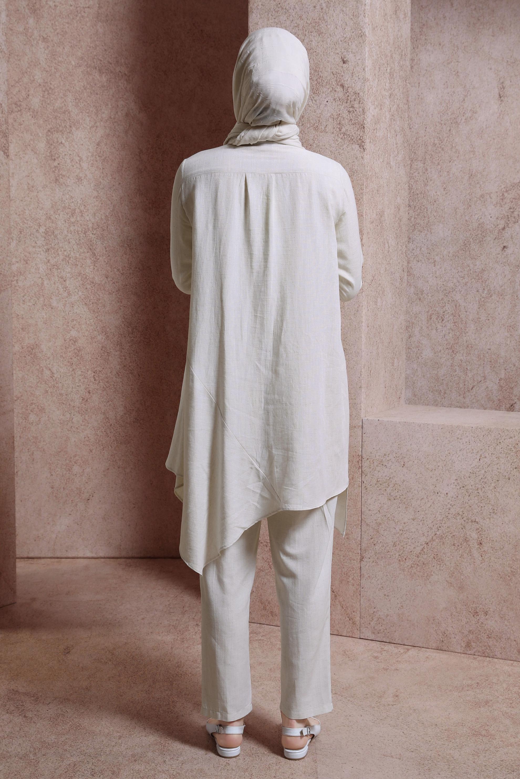 Tesettür giyim BEJ ASİMETRİK KESİM PANTOLONLU TAKIM 44411