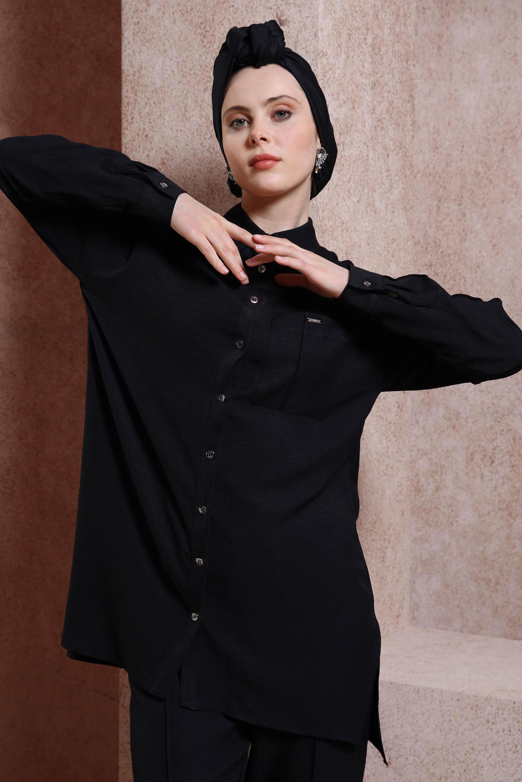 Tesettür giyim SİYAH GÖMLEK YAKA PANTOLONLU TAKIM 44412