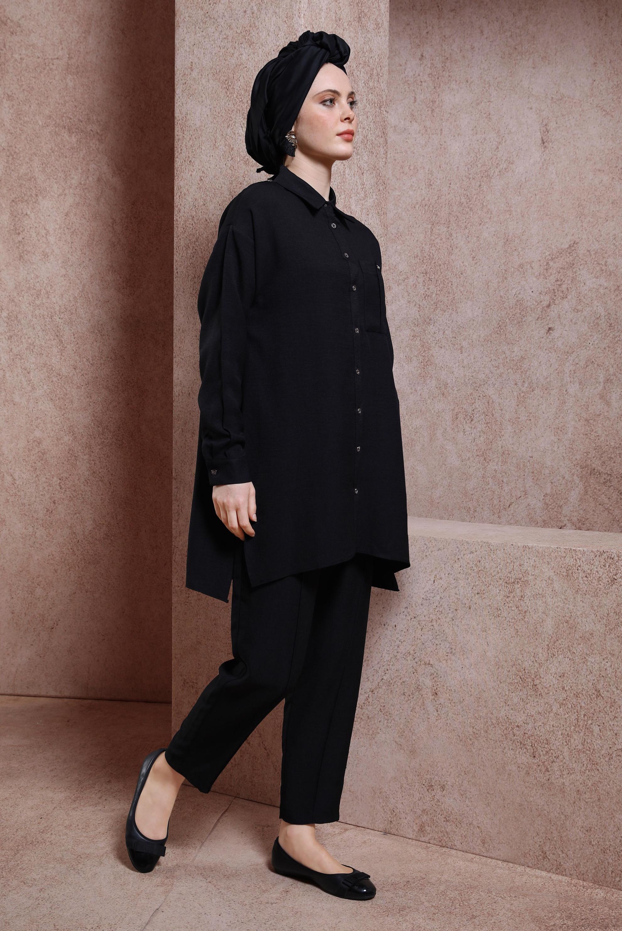 Tesettür giyim SİYAH GÖMLEK YAKA PANTOLONLU TAKIM 44412