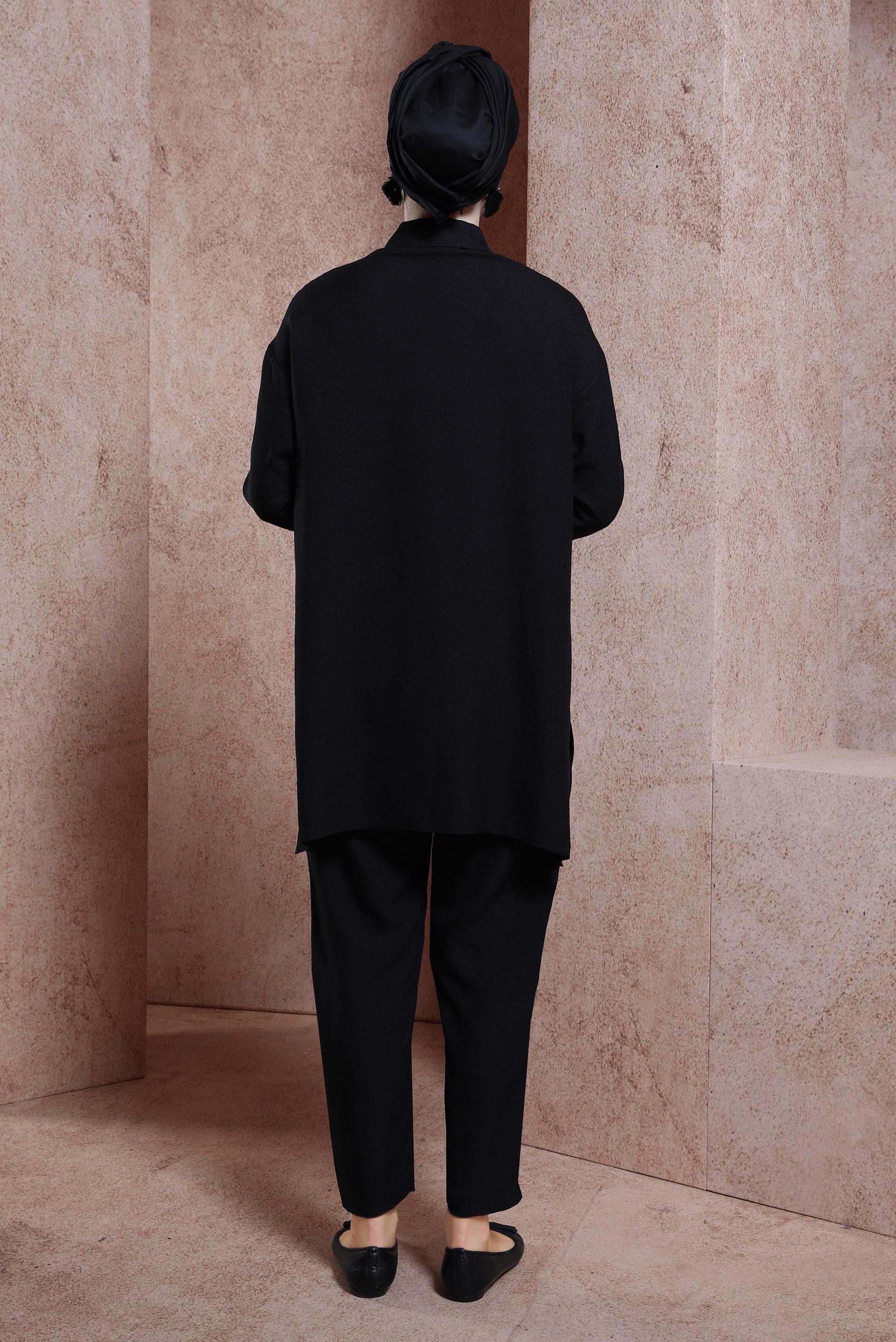 Tesettür giyim SİYAH GÖMLEK YAKA PANTOLONLU TAKIM 44412