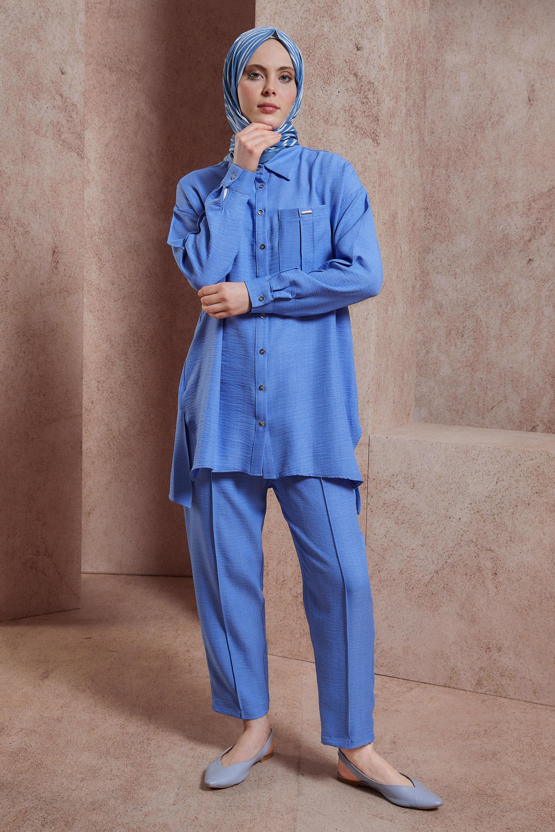 Tesettür giyim MAVİ GÖMLEK YAKA PANTOLONLU TAKIM 44412