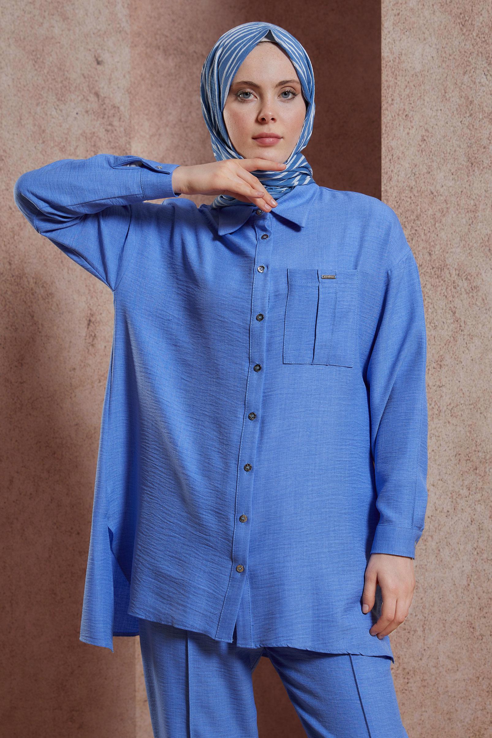 Tesettür giyim MAVİ GÖMLEK YAKA PANTOLONLU TAKIM 44412