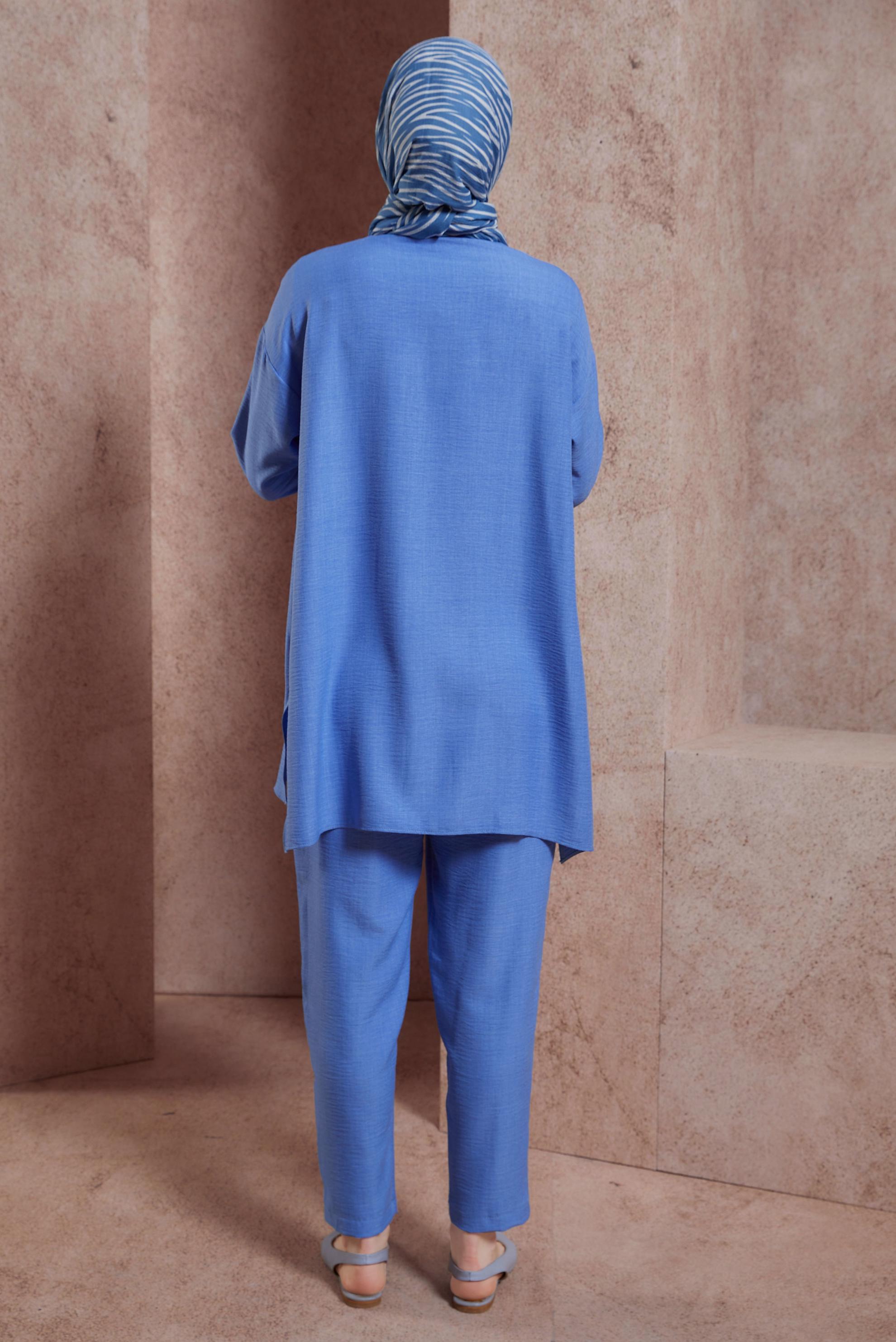Tesettür giyim MAVİ GÖMLEK YAKA PANTOLONLU TAKIM 44412
