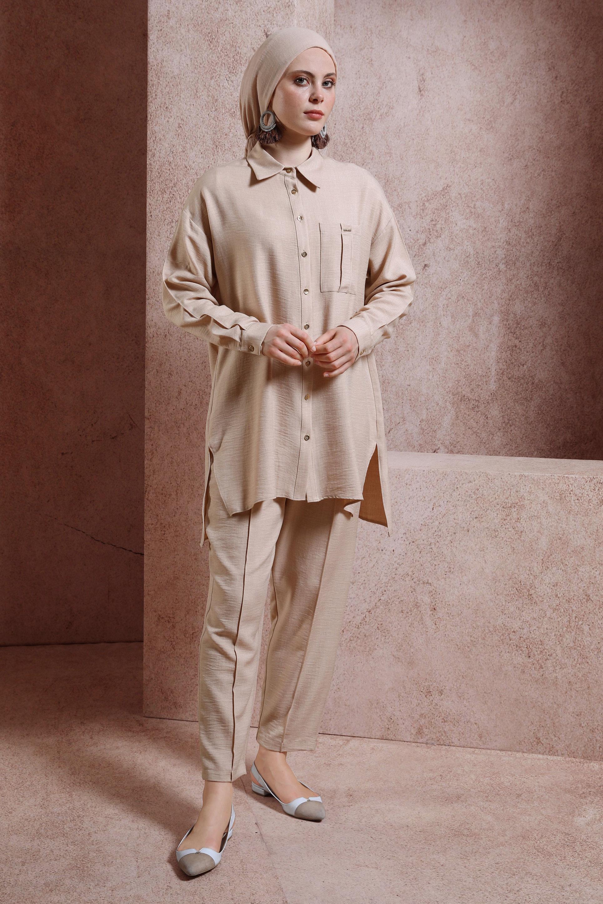 Tesettür giyim BEJ GÖMLEK YAKA PANTOLONLU TAKIM 44412