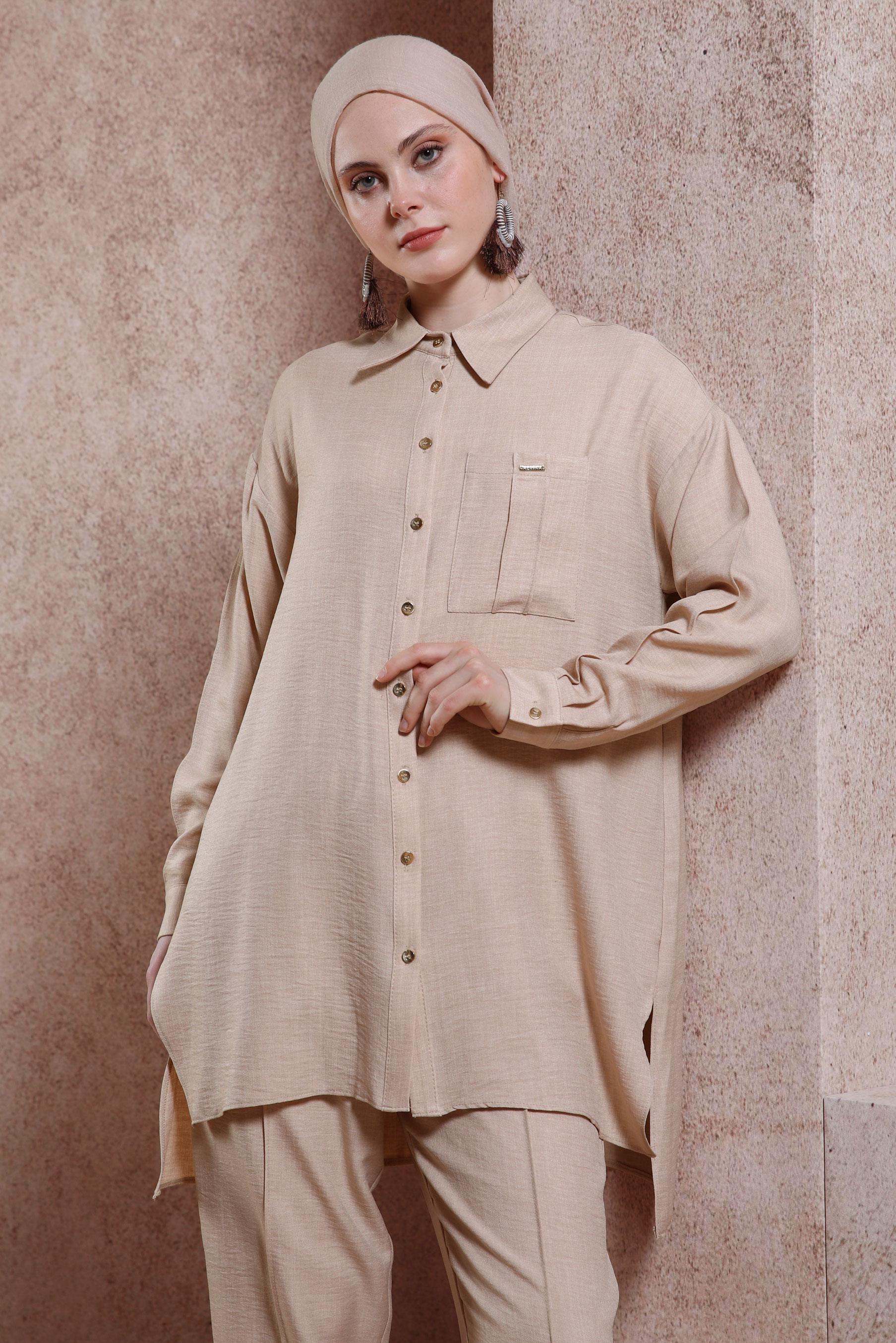 Tesettür giyim BEJ GÖMLEK YAKA PANTOLONLU TAKIM 44412