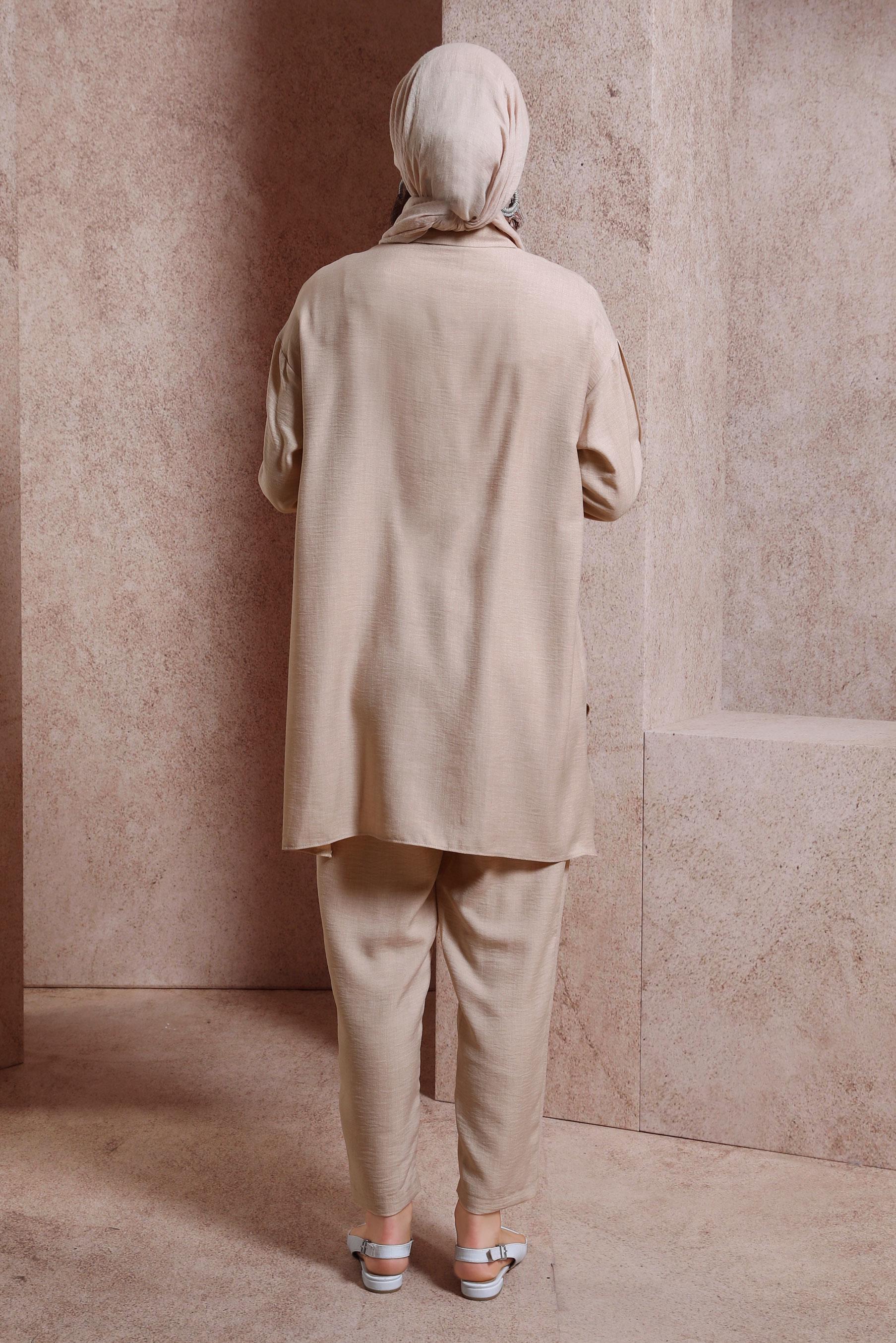 Tesettür giyim BEJ GÖMLEK YAKA PANTOLONLU TAKIM 44412