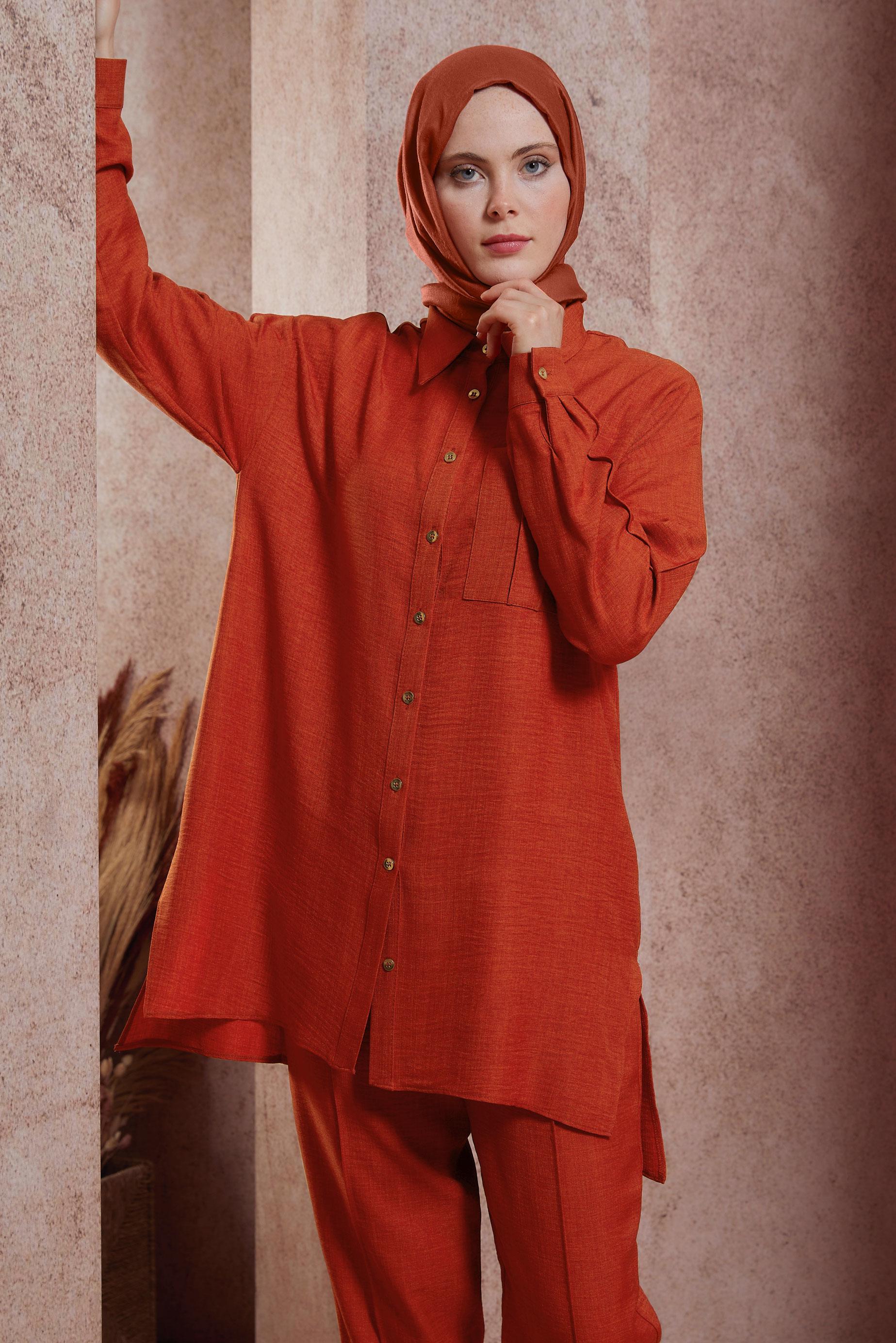 Tesettür giyim TURUNCU GÖMLEK YAKA PANTOLONLU TAKIM 44412