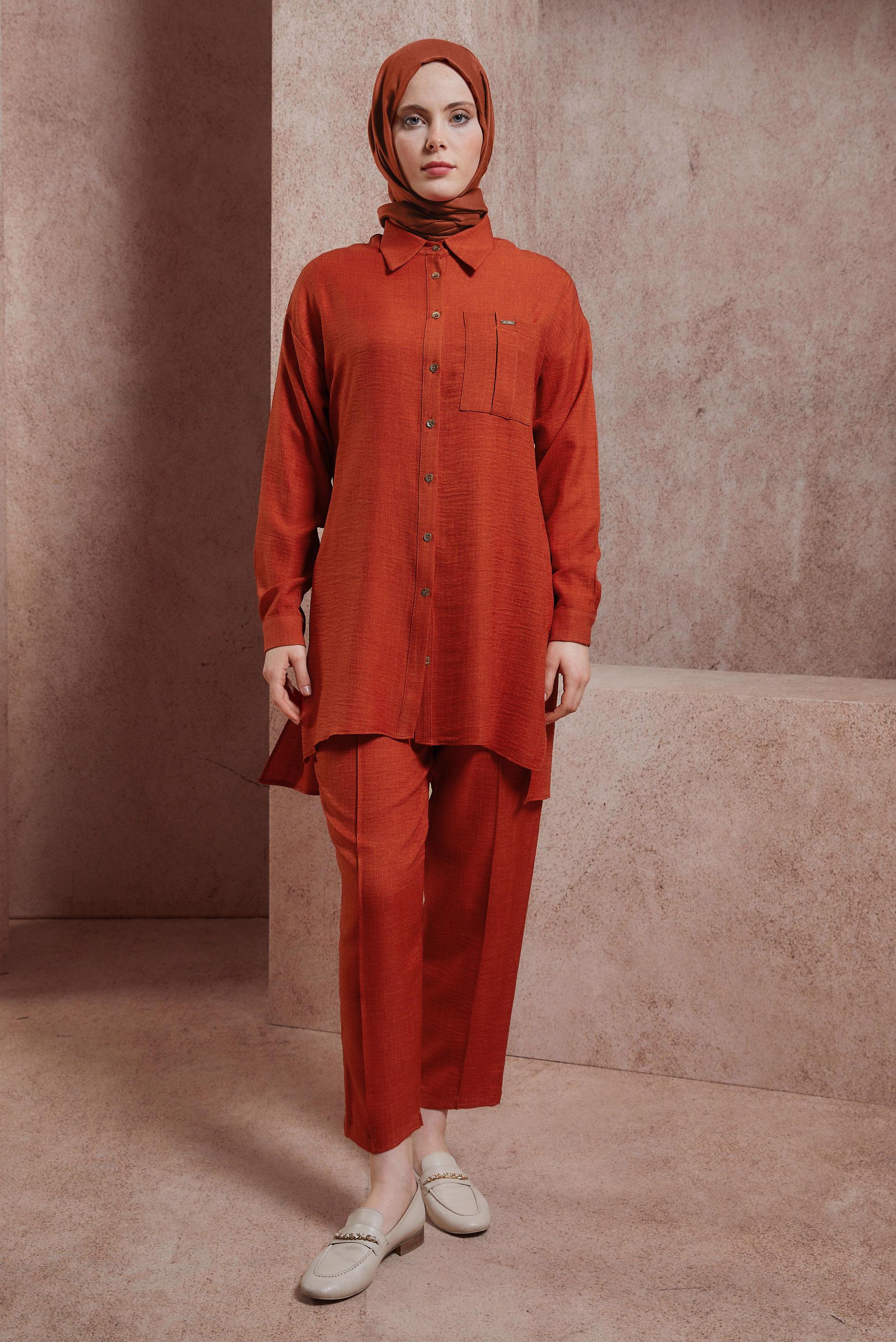 Tesettür giyim TURUNCU GÖMLEK YAKA PANTOLONLU TAKIM 44412