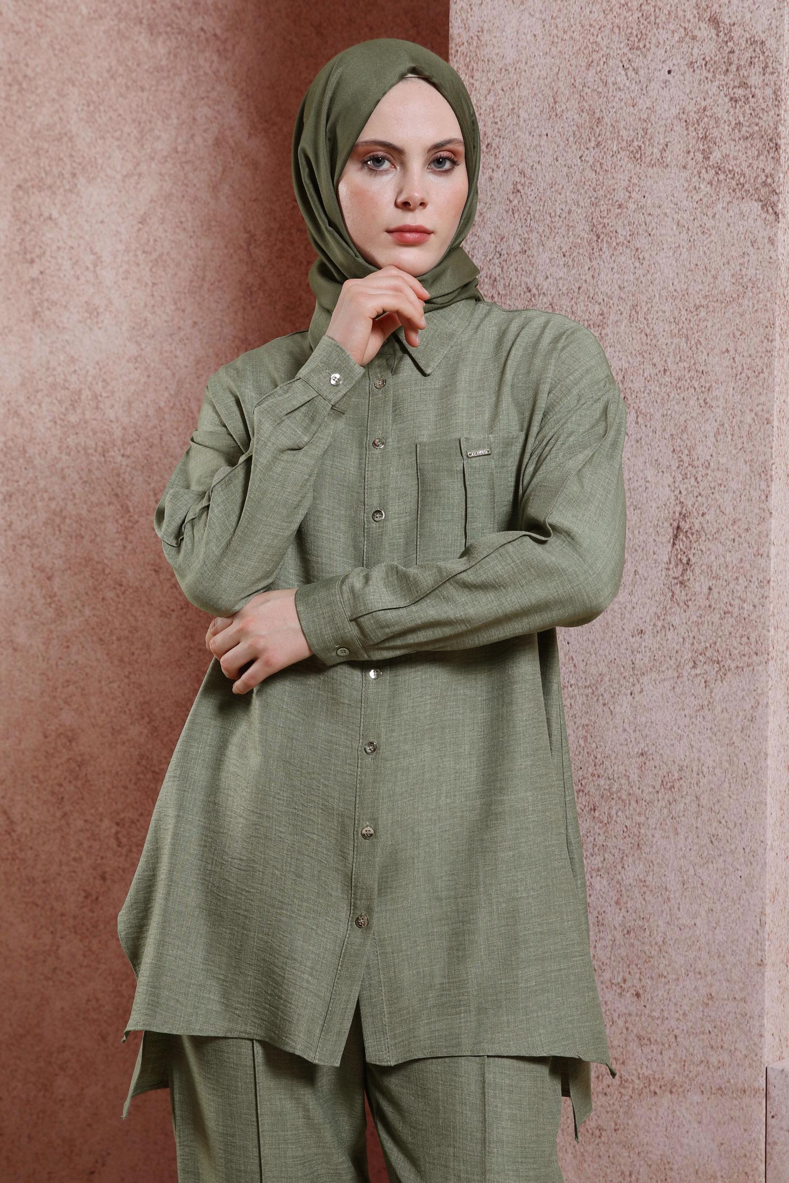 Tesettür giyim YEŞİL GÖMLEK YAKA PANTOLONLU TAKIM 44412