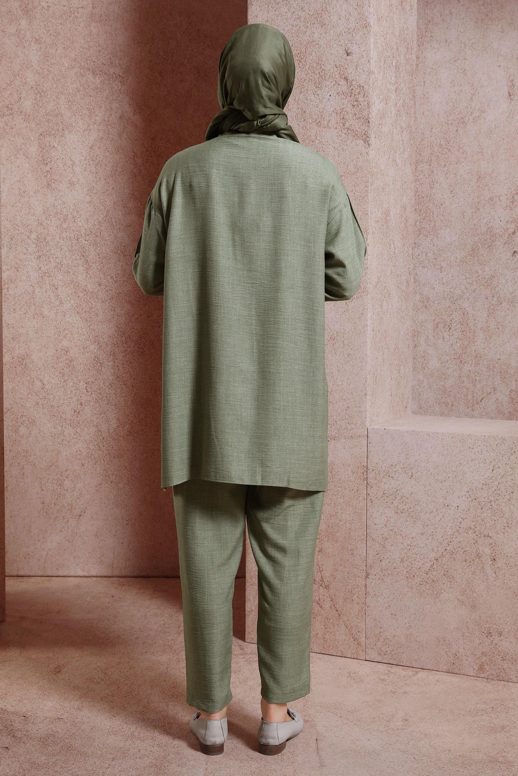 Tesettür giyim YEŞİL GÖMLEK YAKA PANTOLONLU TAKIM 44412