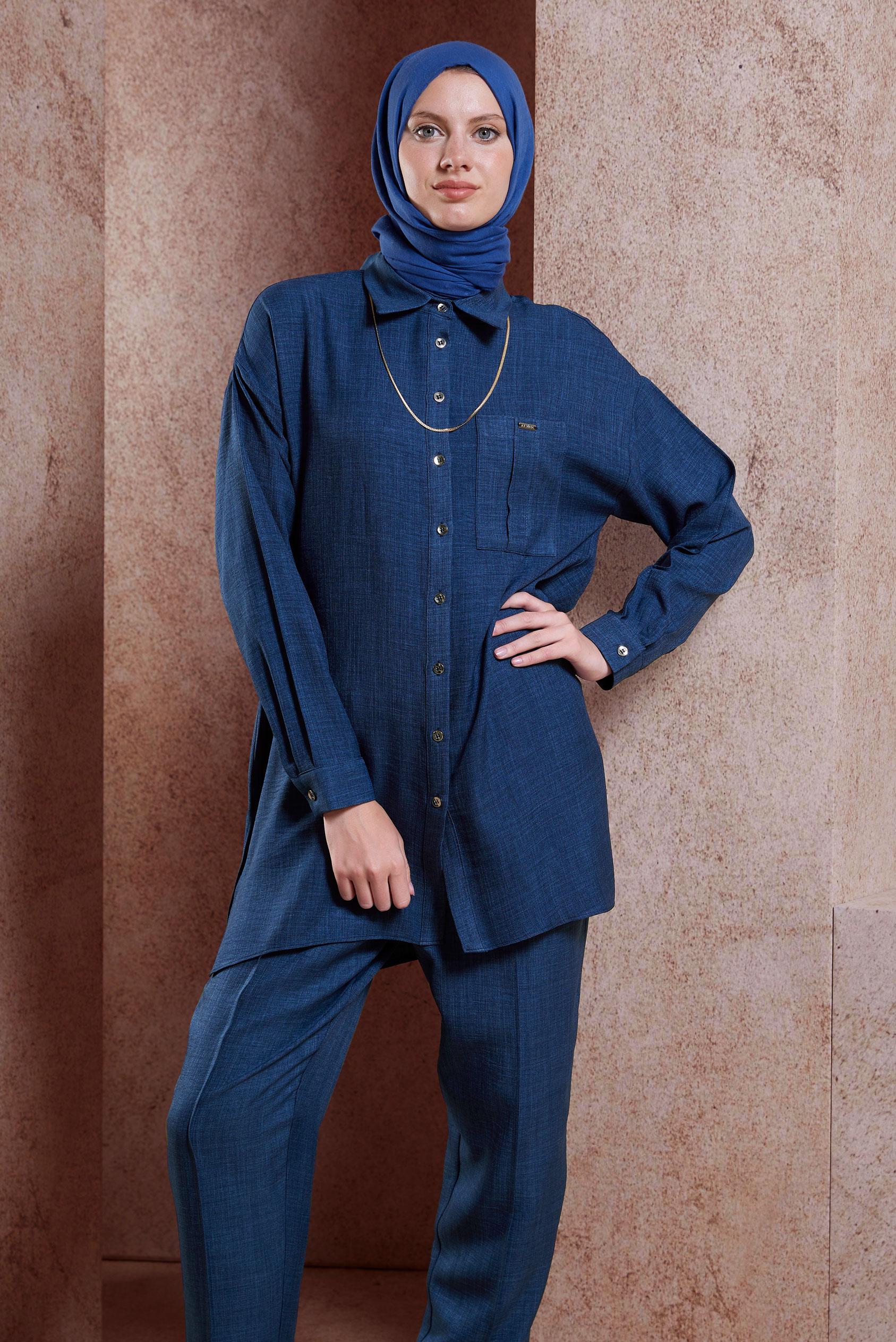 Tesettür giyim LACİVERT GÖMLEK YAKA PANTOLONLU TAKIM 44412