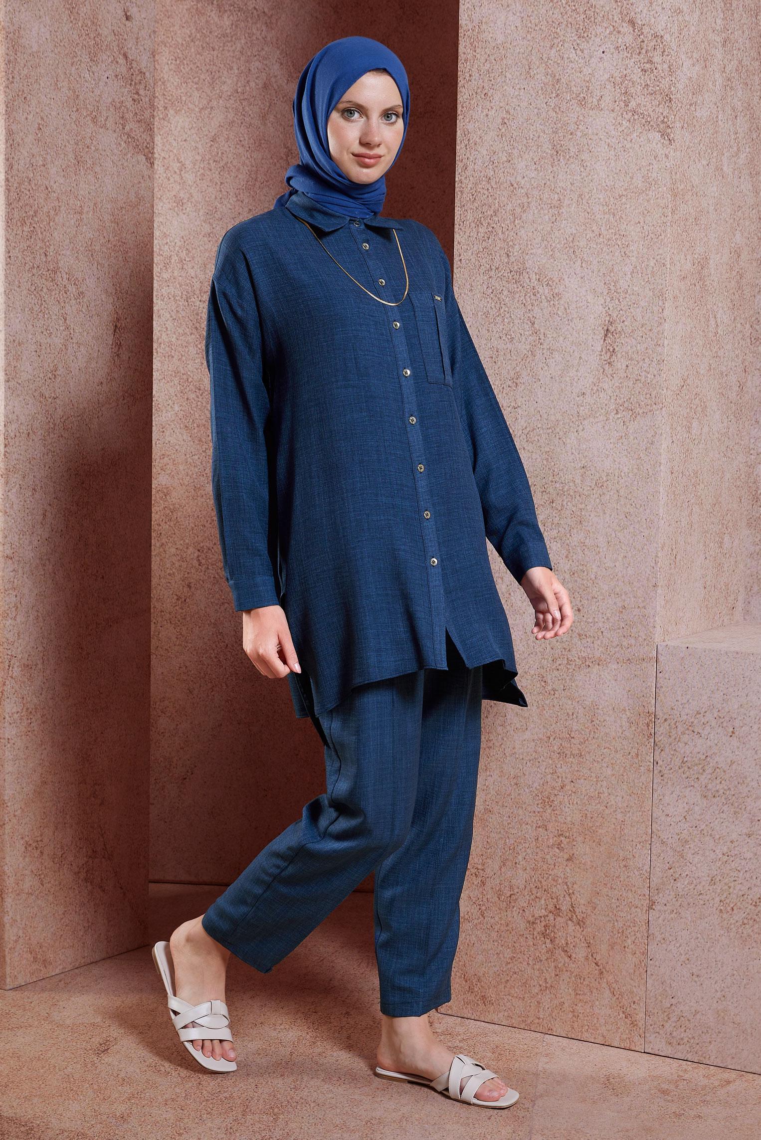Tesettür giyim LACİVERT GÖMLEK YAKA PANTOLONLU TAKIM 44412