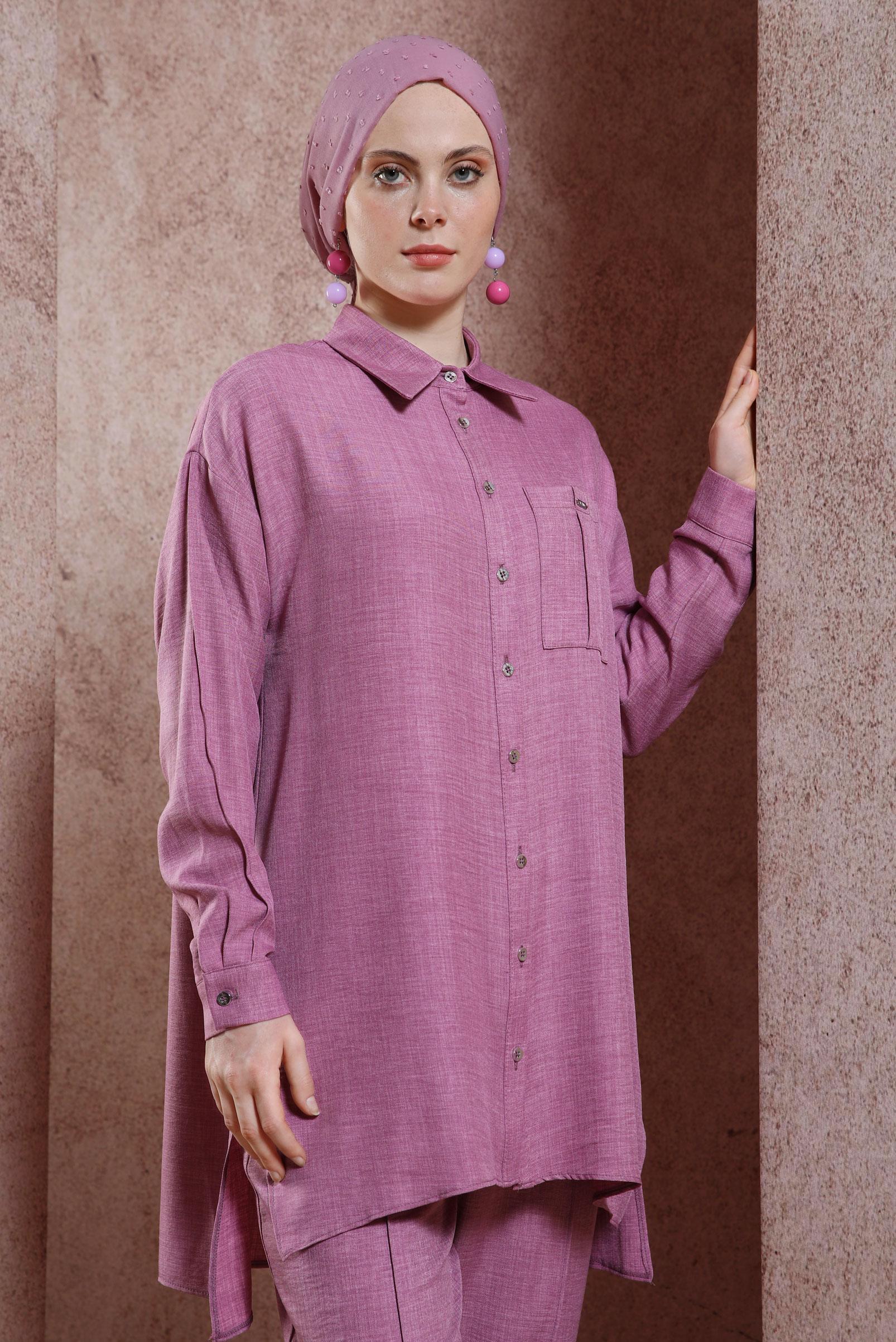 Tesettür giyim MÜRDÜM GÖMLEK YAKA PANTOLONLU TAKIM 44412