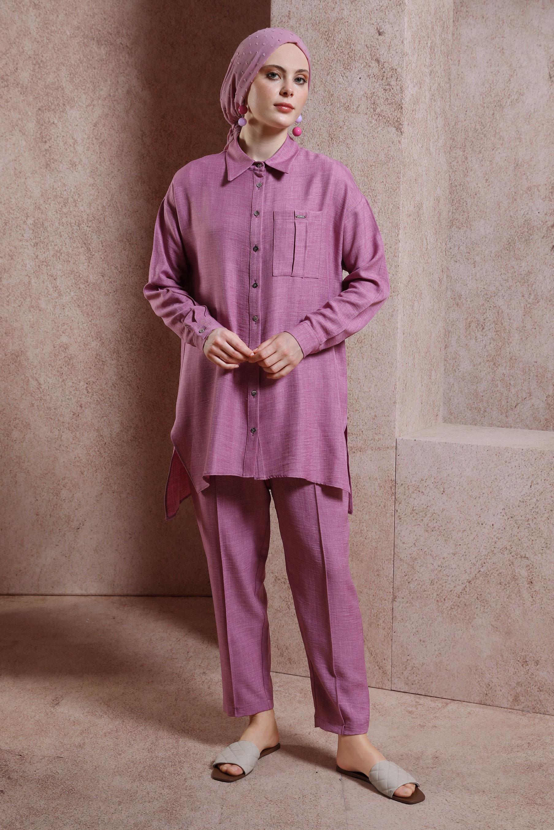 Tesettür giyim MÜRDÜM GÖMLEK YAKA PANTOLONLU TAKIM 44412