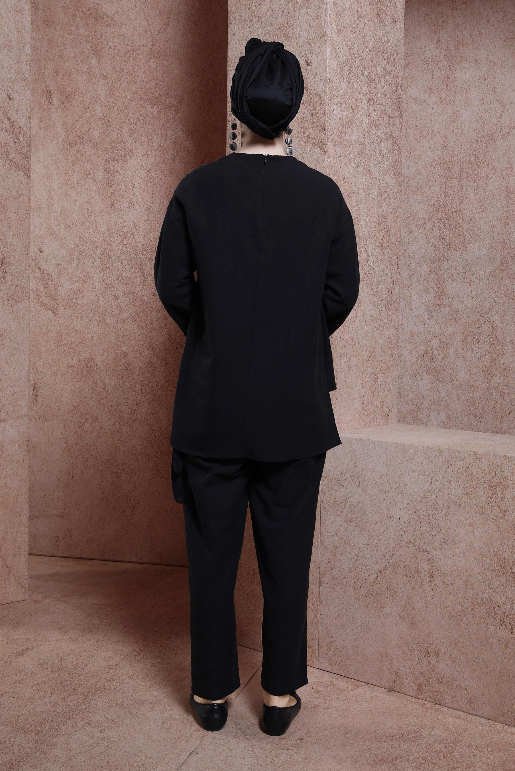 Tesettür giyim SİYAH KETEN DOKULU PANTOLONLU TAKIM 44415