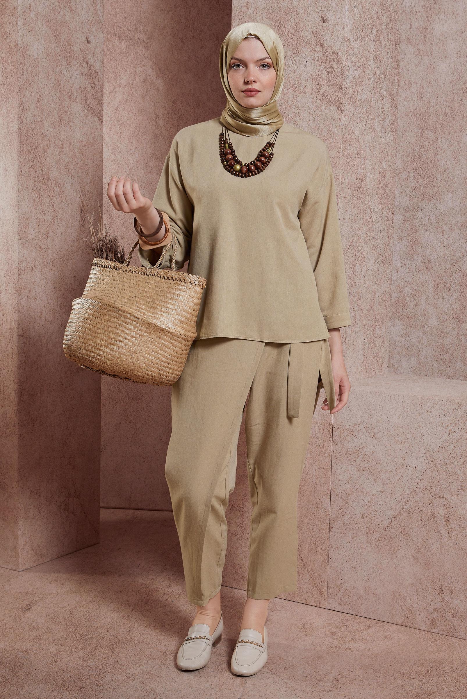 Tesettür giyim BEJ KETEN DOKULU PANTOLONLU TAKIM 44415
