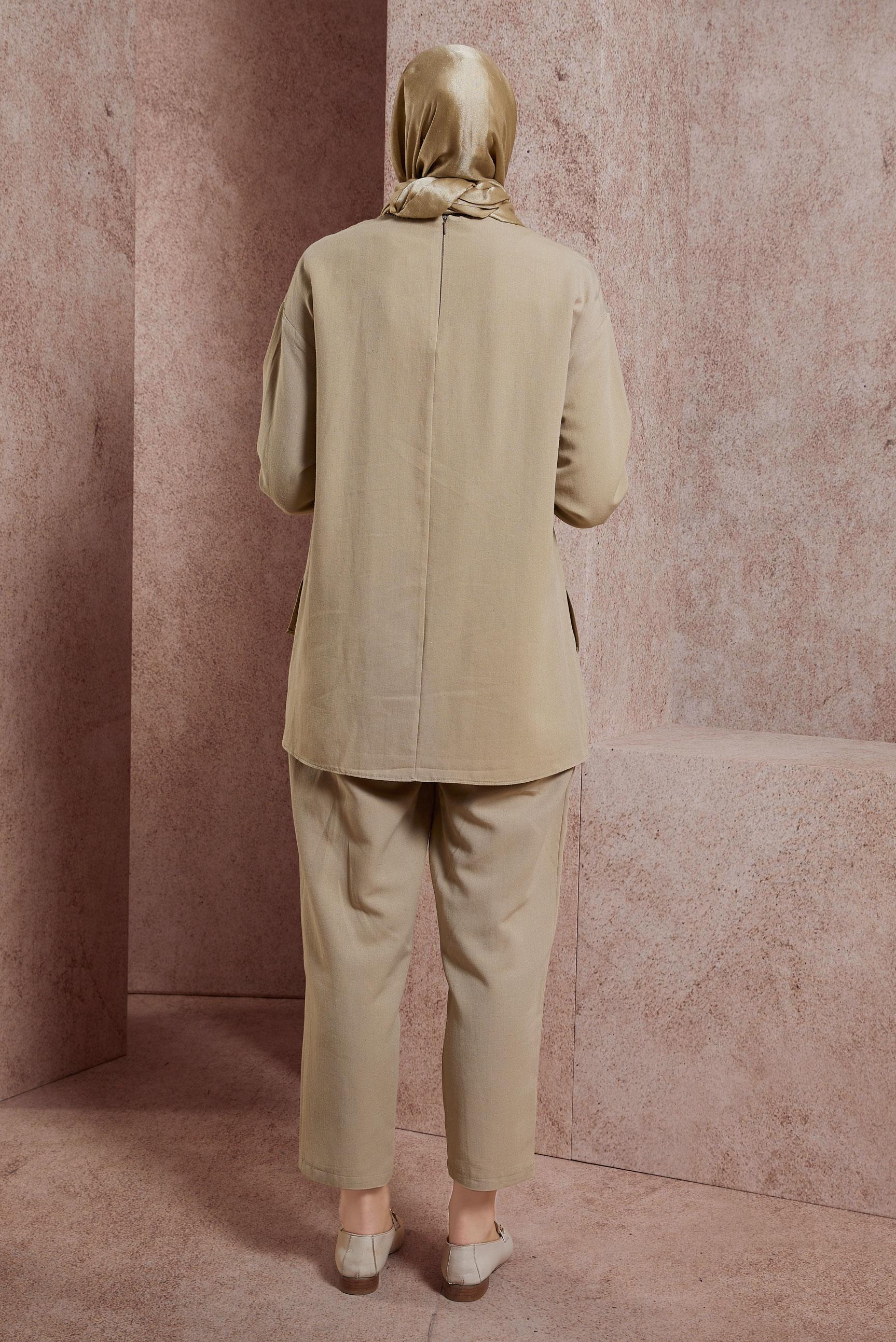 Tesettür giyim BEJ KETEN DOKULU PANTOLONLU TAKIM 44415