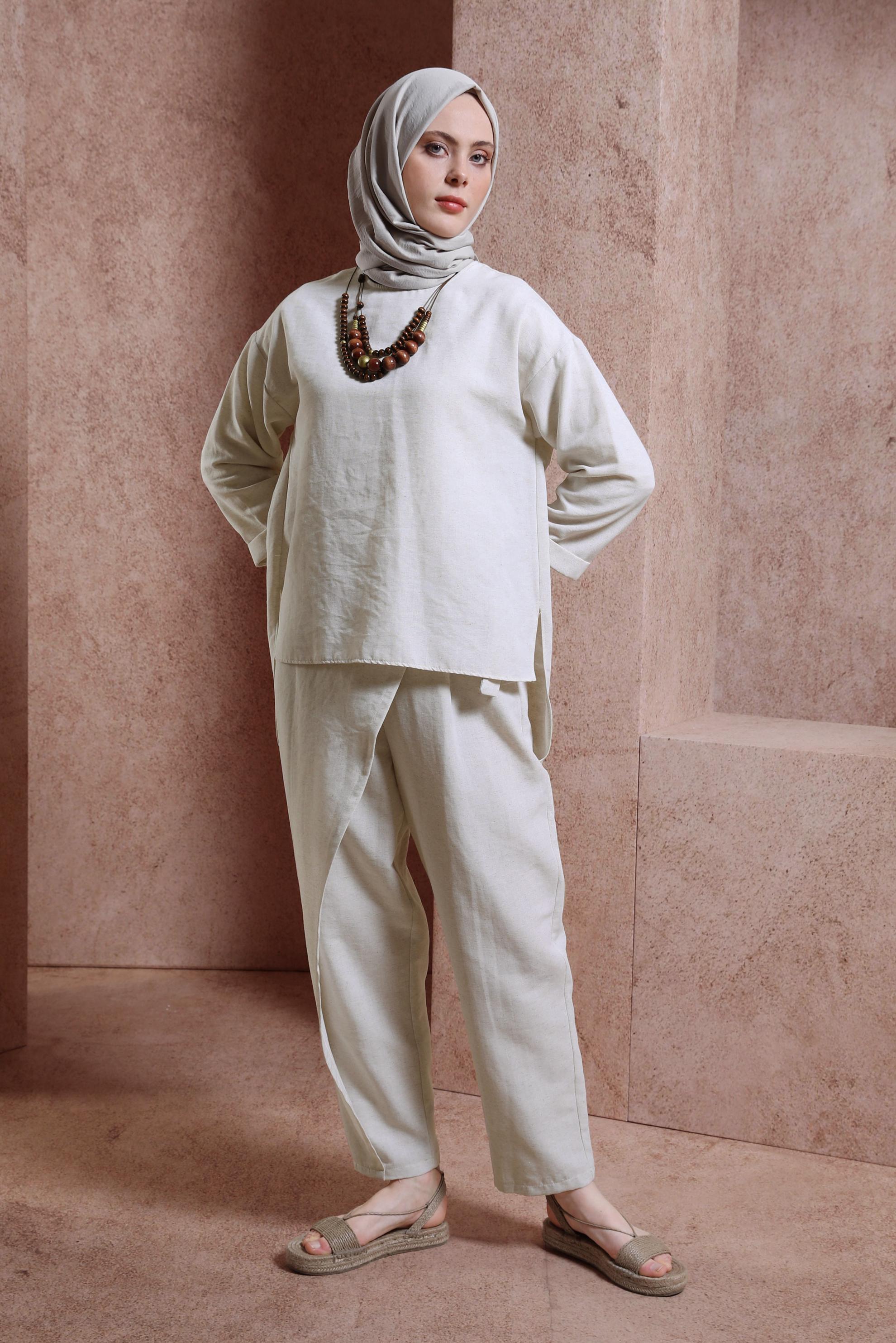 Tesettür giyim EKRU KETEN DOKULU PANTOLONLU TAKIM 44415