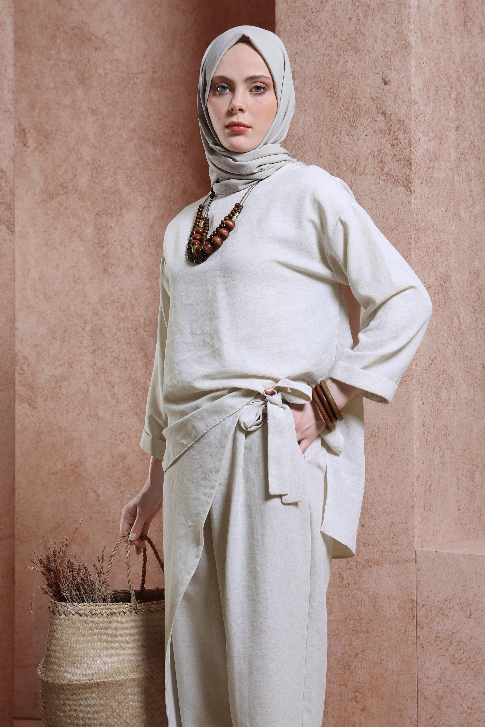 Tesettür giyim EKRU KETEN DOKULU PANTOLONLU TAKIM 44415