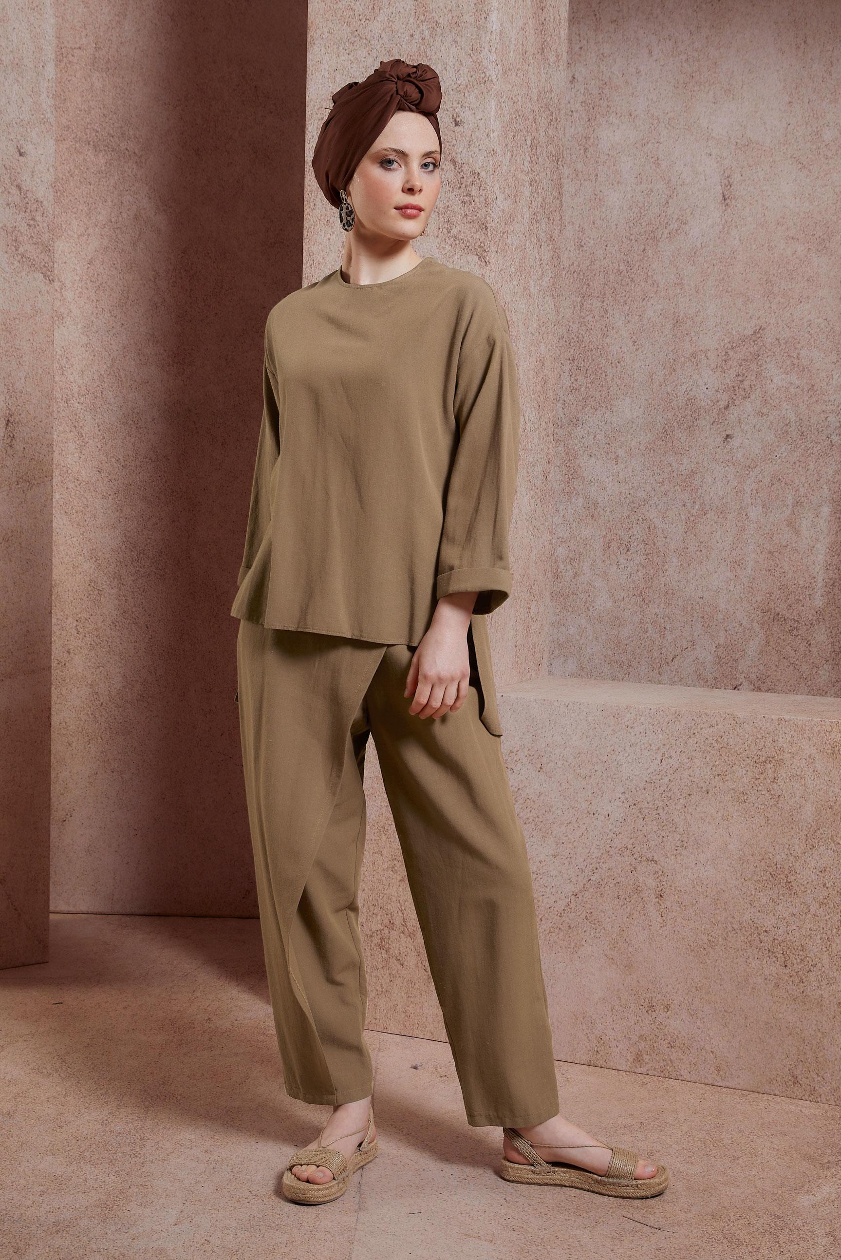 Tesettür giyim KAHVE KETEN DOKULU PANTOLONLU TAKIM 44415