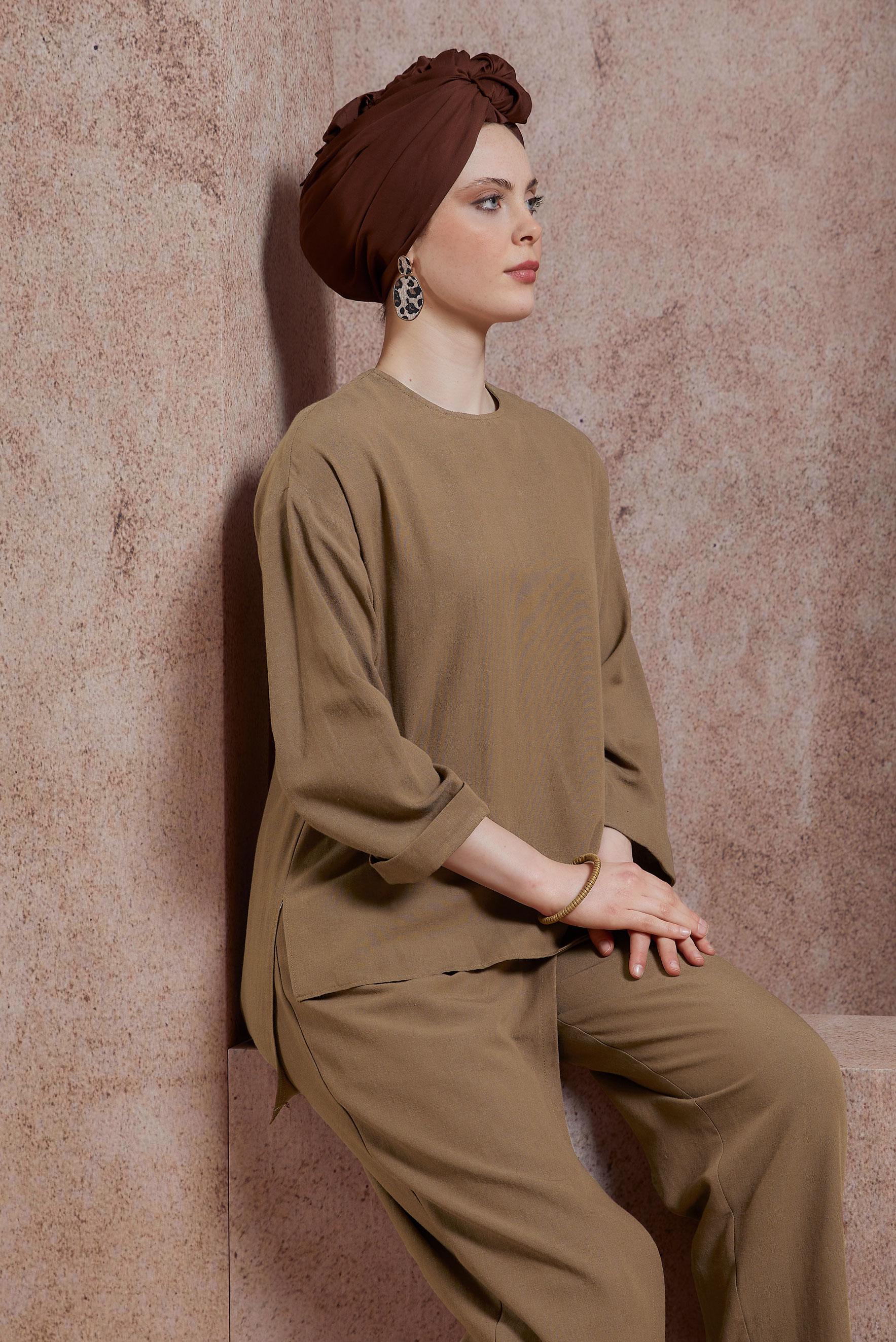 Tesettür giyim KAHVE KETEN DOKULU PANTOLONLU TAKIM 44415