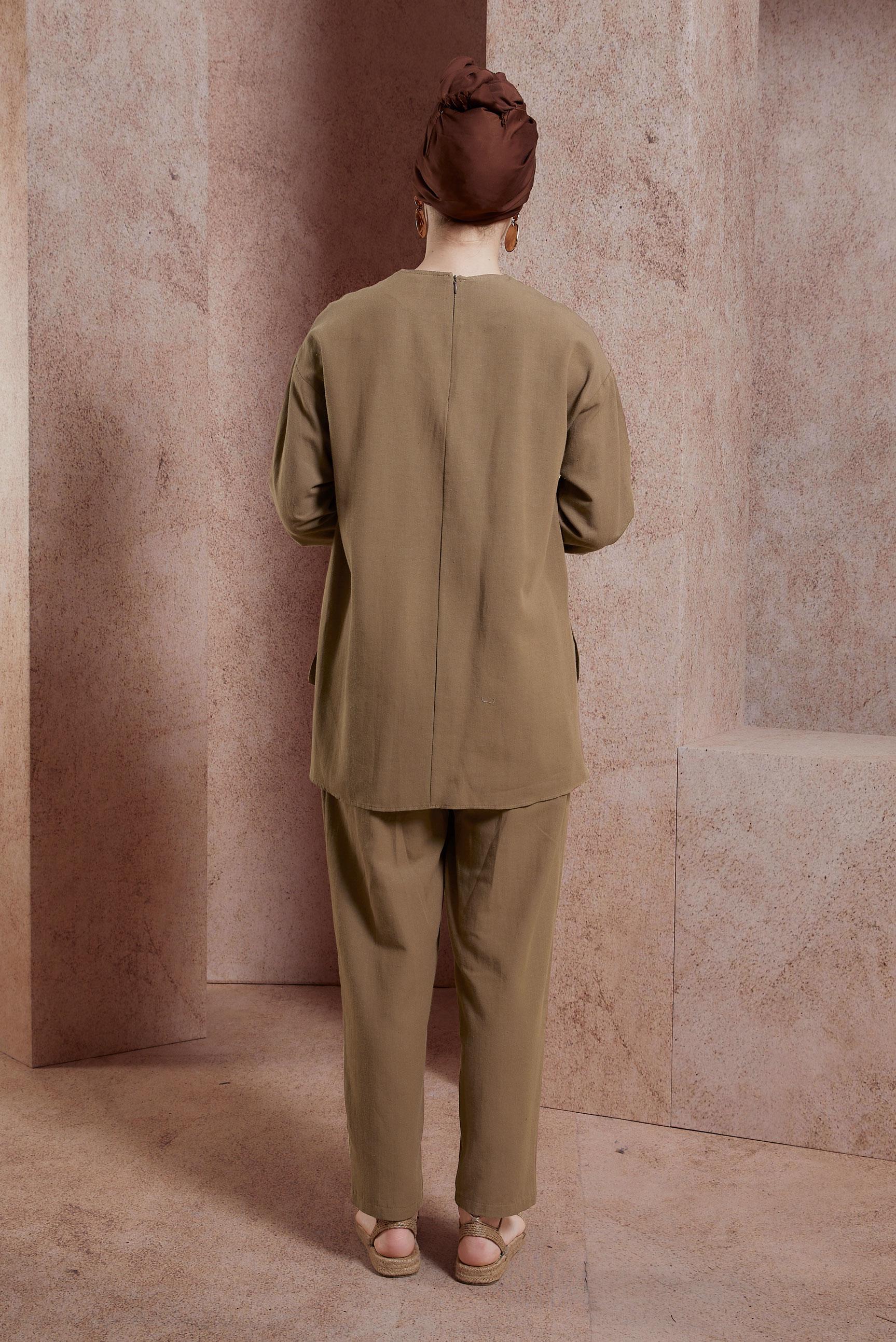 Tesettür giyim KAHVE KETEN DOKULU PANTOLONLU TAKIM 44415