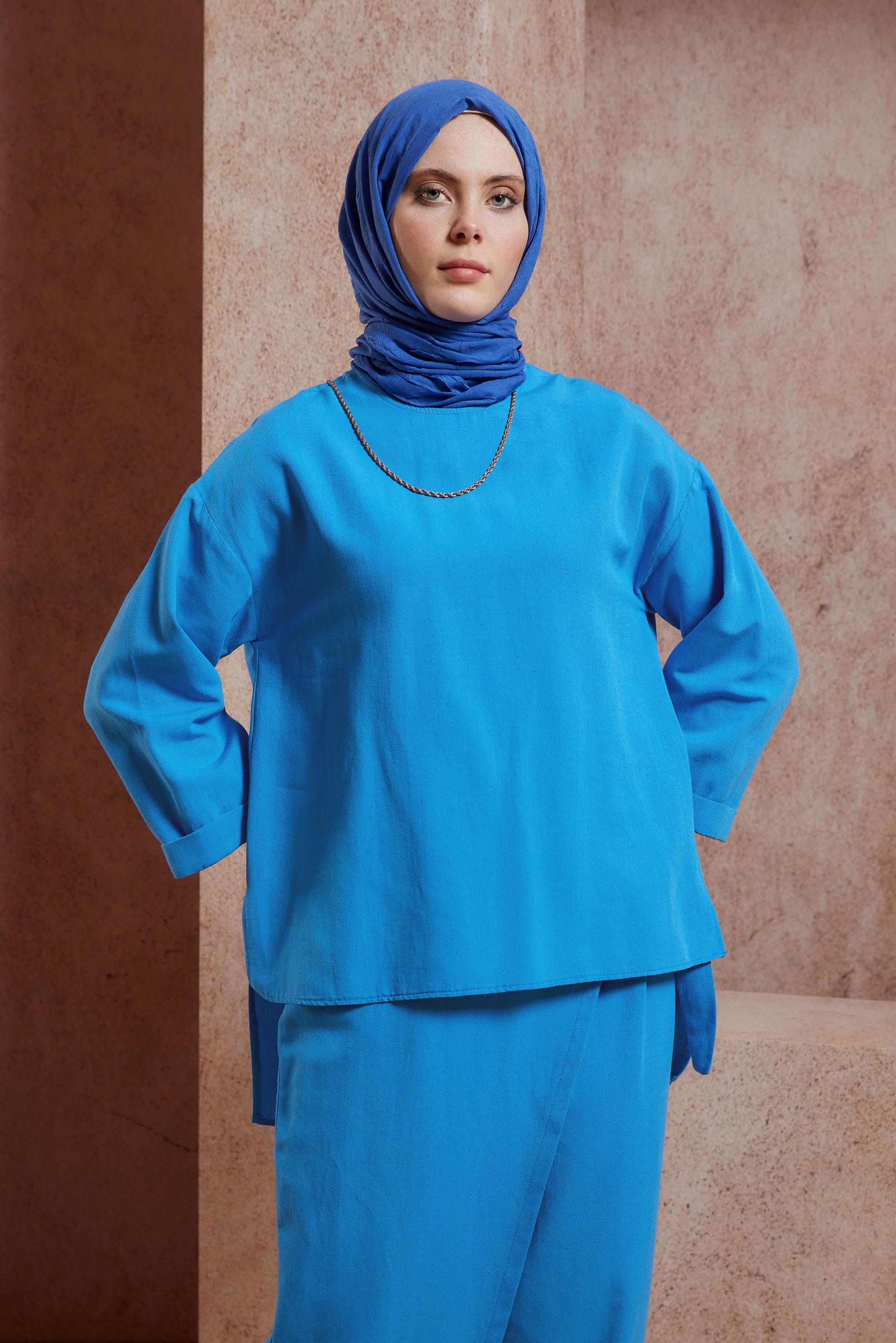 Tesettür giyim LACİVERT KETEN DOKULU PANTOLONLU TAKIM 44415