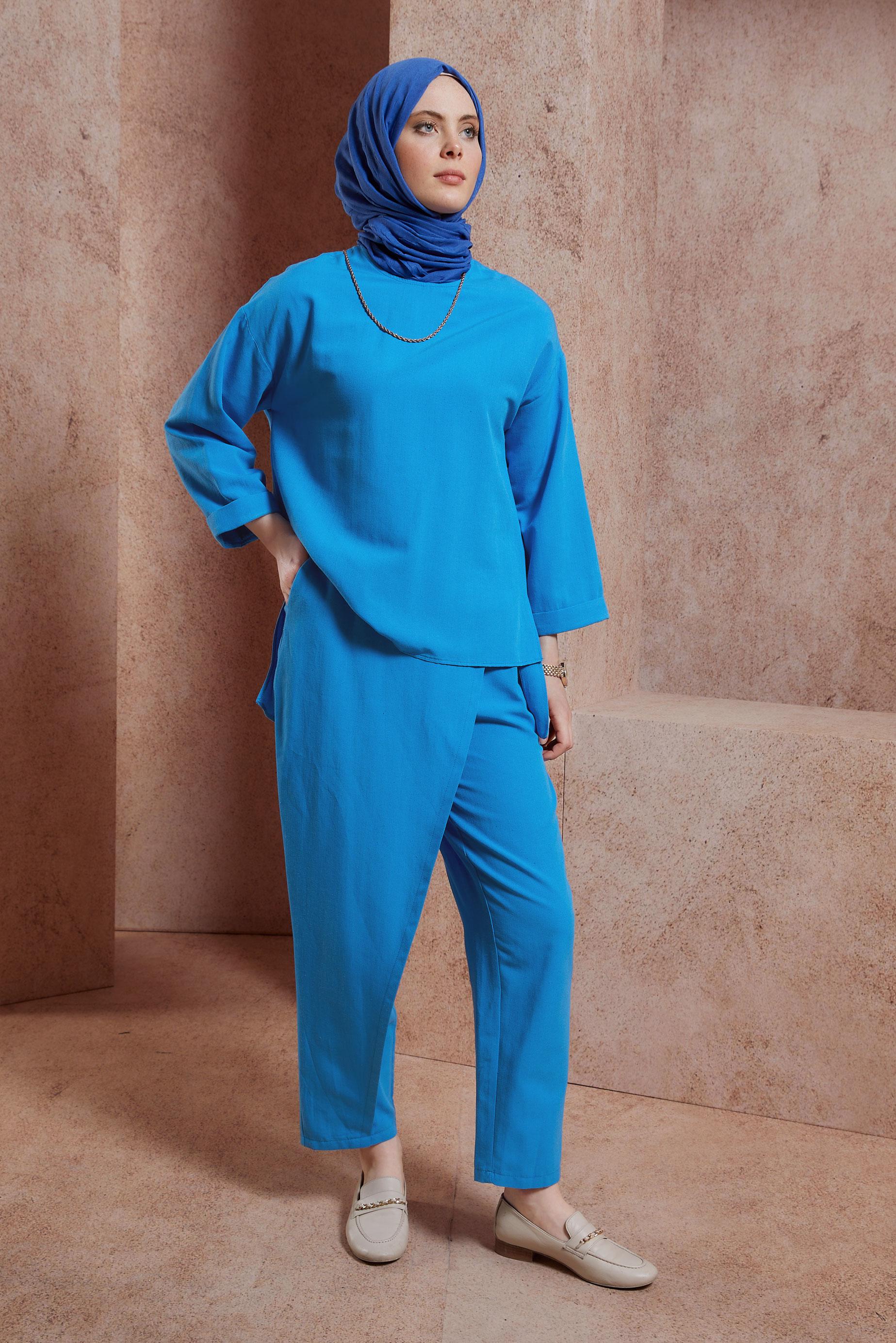 Tesettür giyim LACİVERT KETEN DOKULU PANTOLONLU TAKIM 44415
