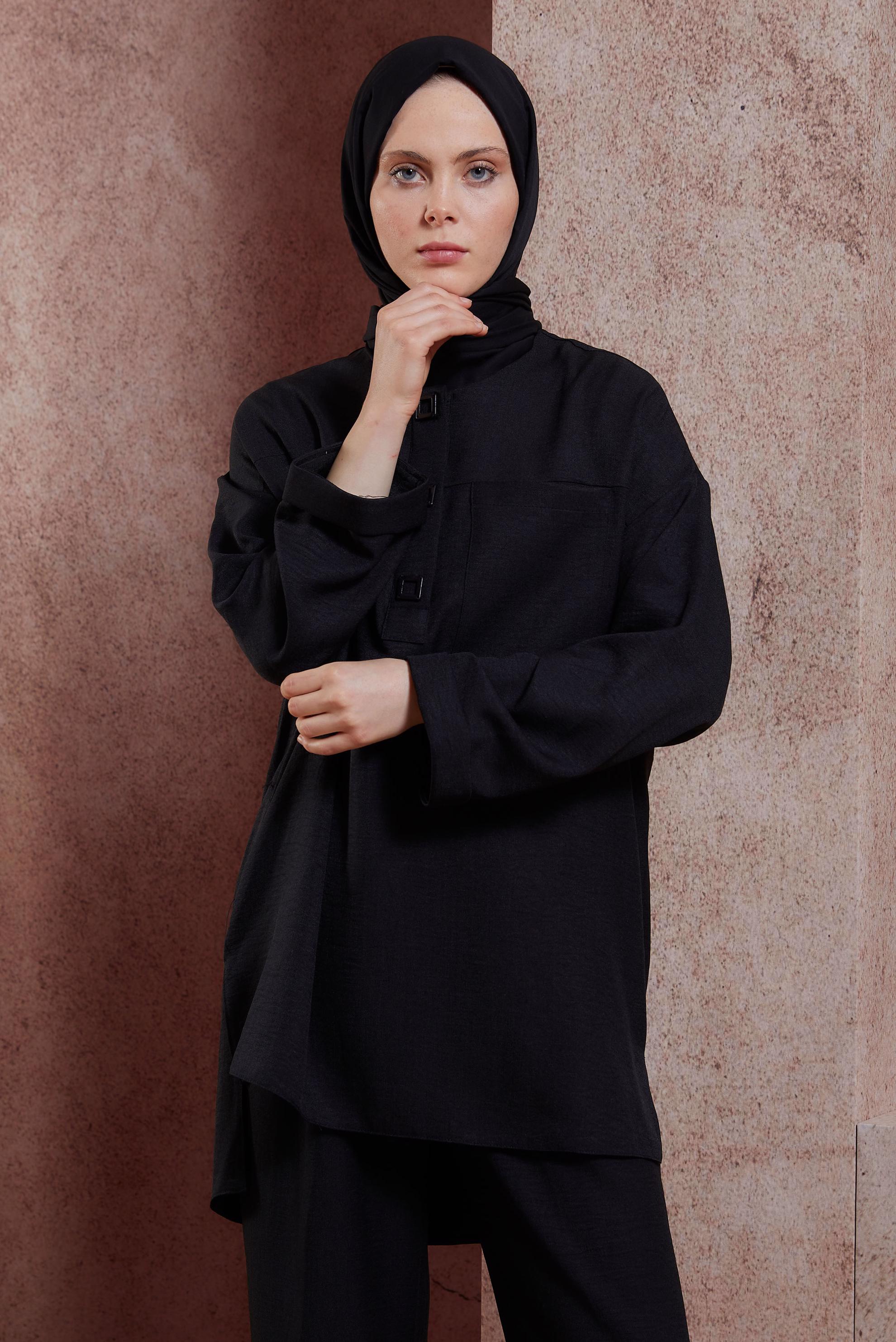 Tesettür giyim SİYAH GENİŞ PAÇA PANTOLONLU TAKIM 44418