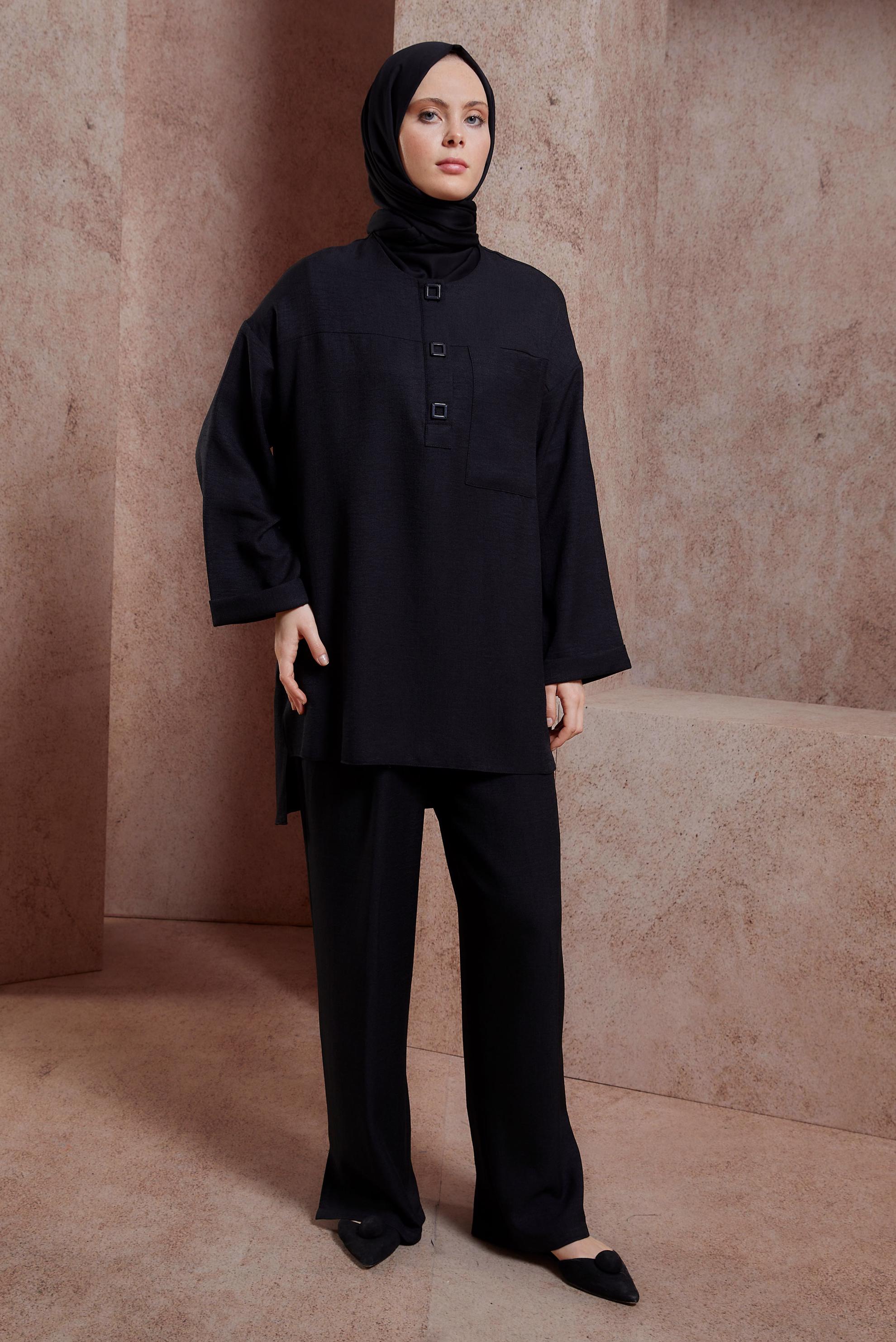 Tesettür giyim SİYAH GENİŞ PAÇA PANTOLONLU TAKIM 44418