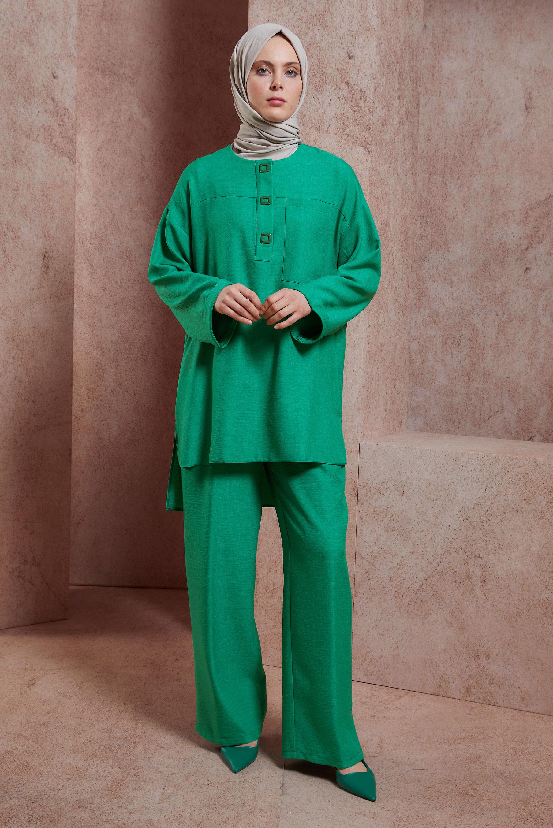 Tesettür giyim YEŞİL GENİŞ PAÇA PANTOLONLU TAKIM 44418