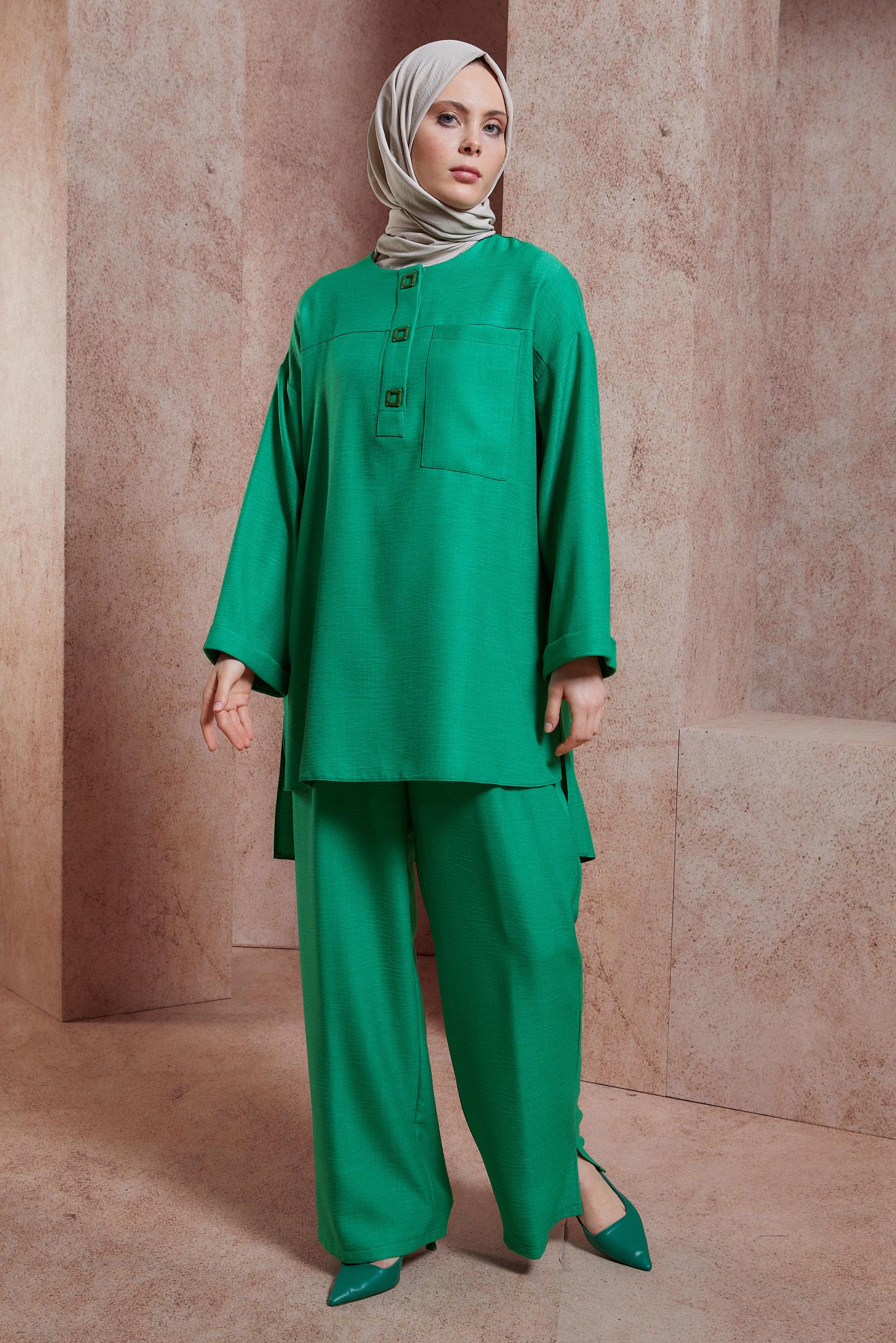Tesettür giyim YEŞİL GENİŞ PAÇA PANTOLONLU TAKIM 44418