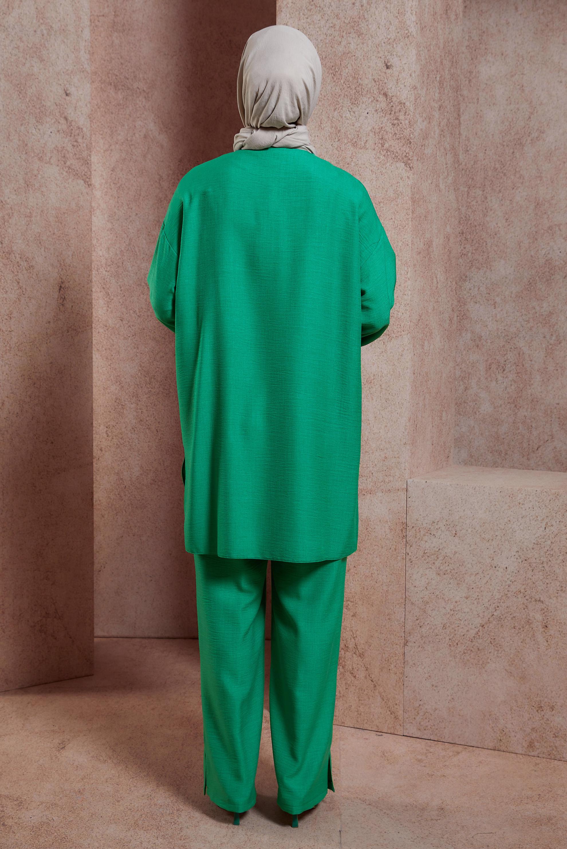 Tesettür giyim YEŞİL GENİŞ PAÇA PANTOLONLU TAKIM 44418