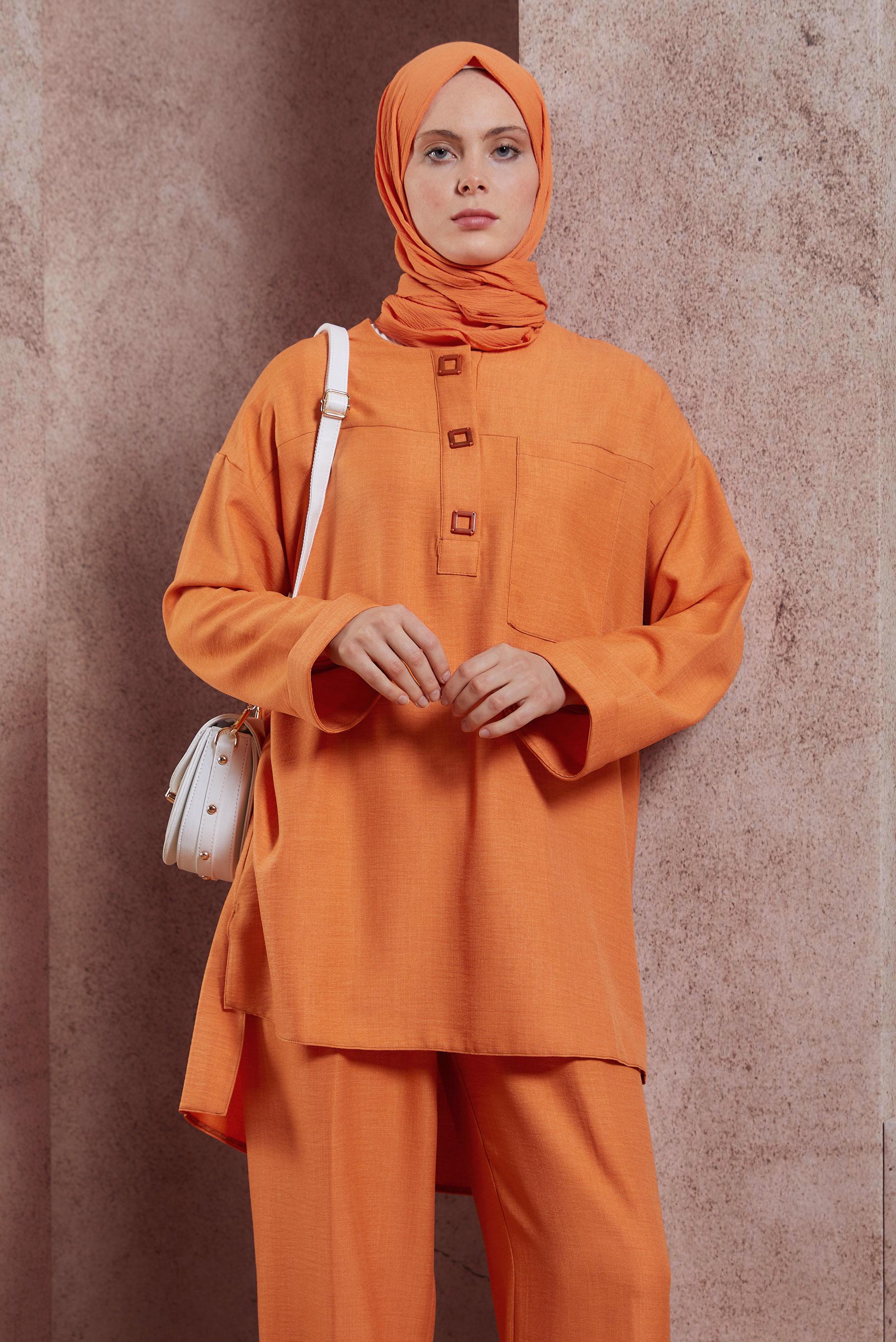 Tesettür giyim TURUNCU GENİŞ PAÇA PANTOLONLU TAKIM 44418