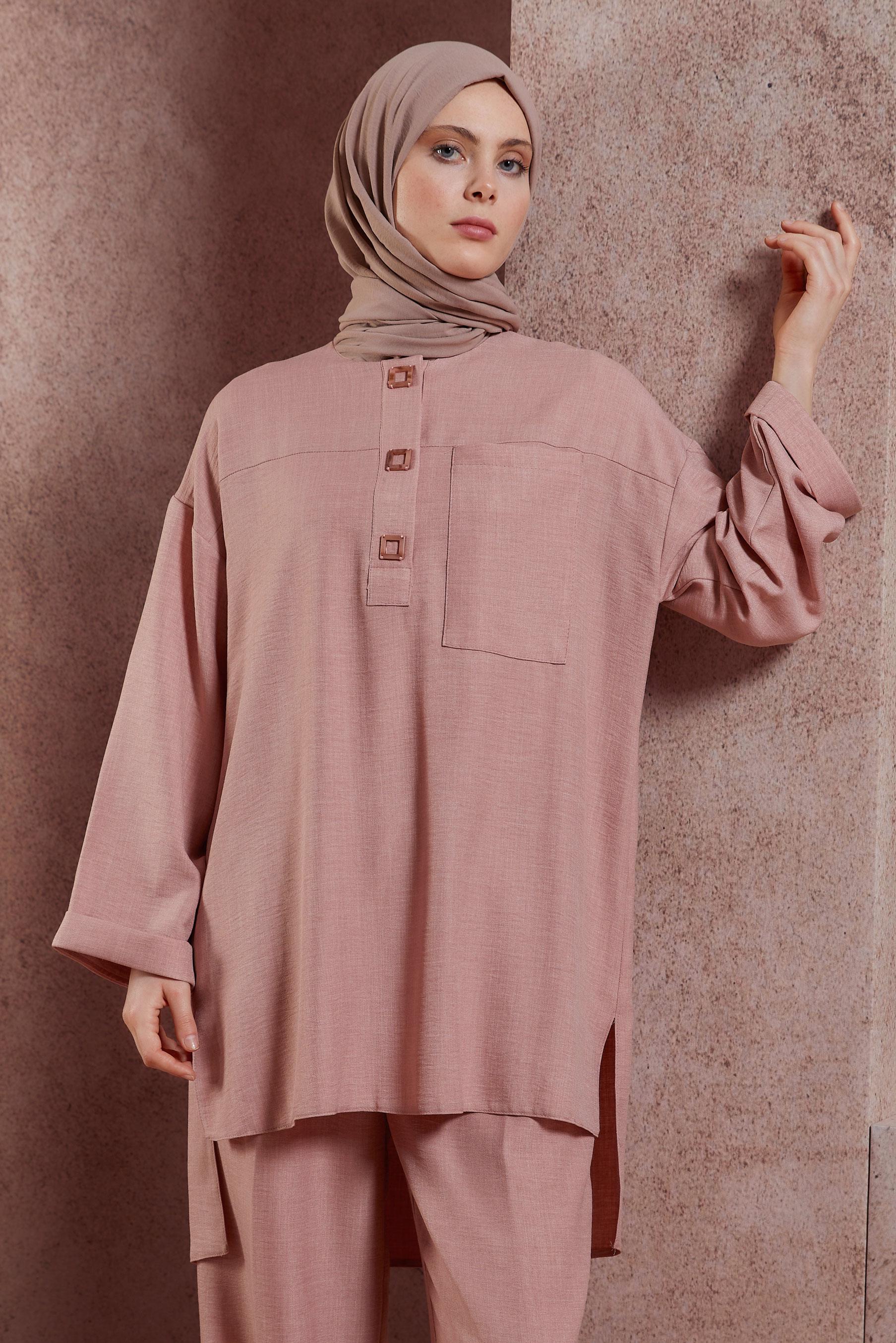 Tesettür giyim PUDRA GENİŞ PAÇA PANTOLONLU TAKIM 44418