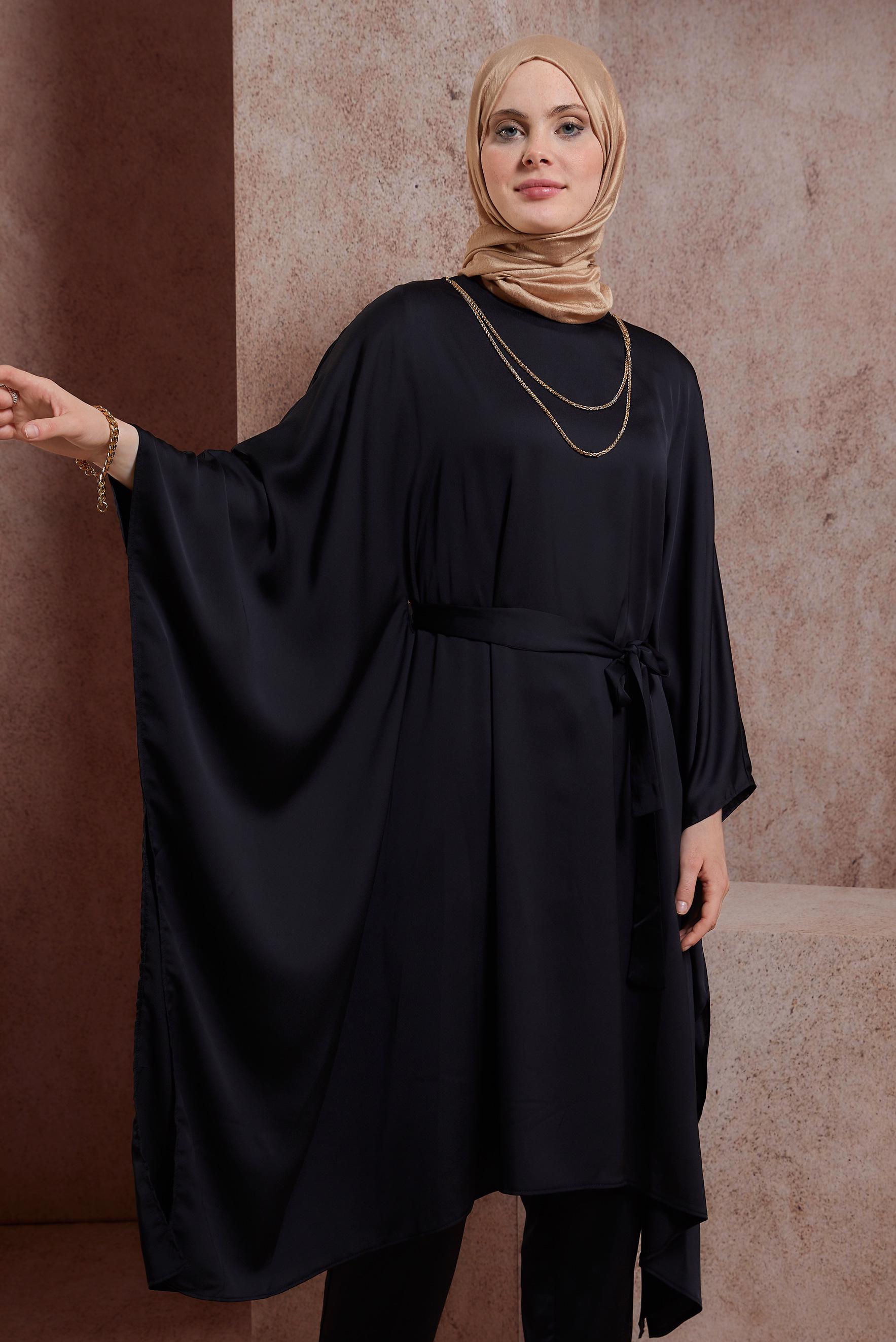 Tesettür giyim SİYAH KUŞAKLI PANTOLONLU TAKIM 44424