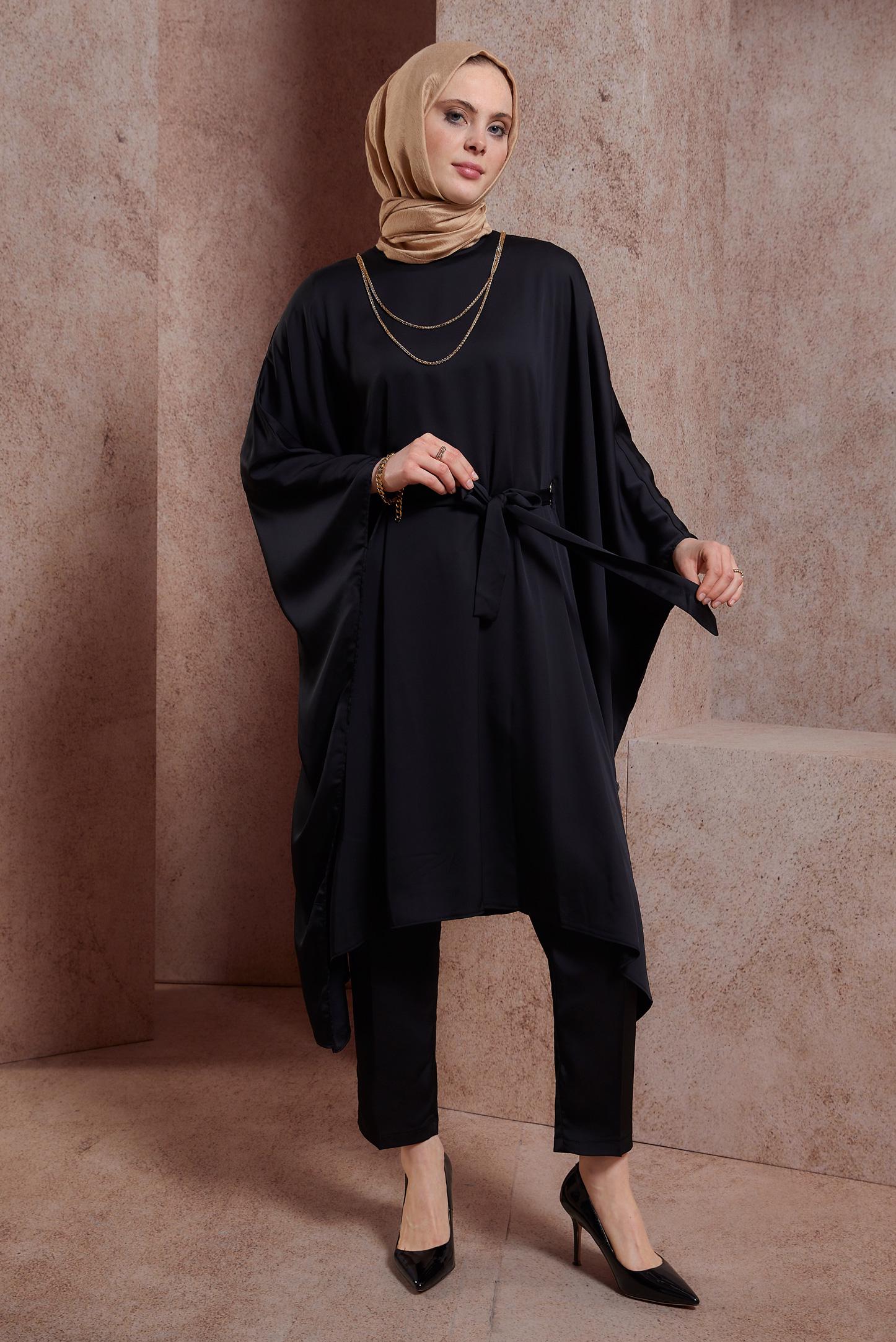 Tesettür giyim SİYAH KUŞAKLI PANTOLONLU TAKIM 44424